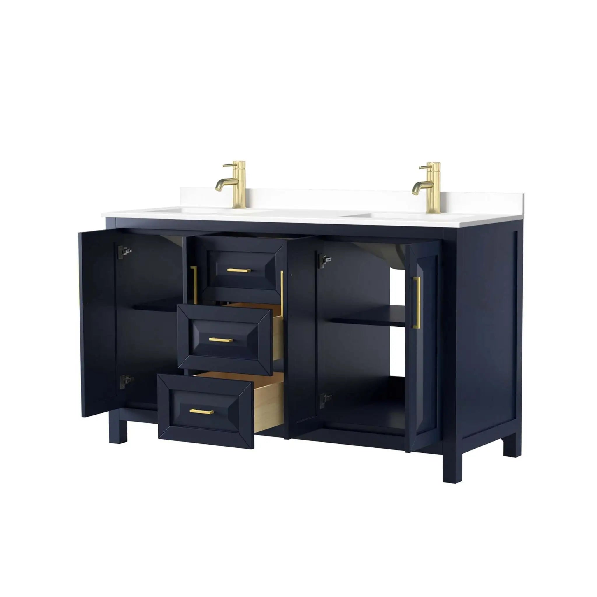 60" Daria Double Bathroom Vanity in Dark Blue with Brushed Gold Trim by Wyndham