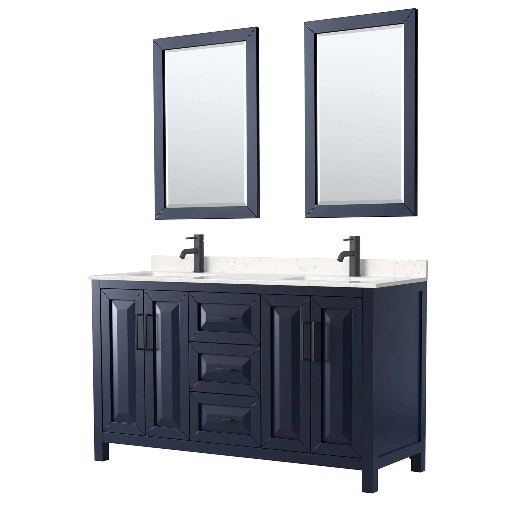60" Daria Double Bathroom Vanity in Dark Blue with Matte Black Trim & 24" Mirror by Wyndham