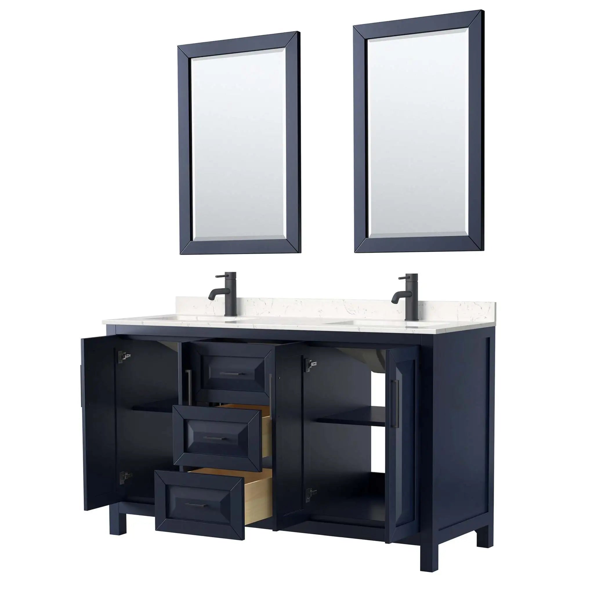 60" Daria Double Bathroom Vanity in Dark Blue with Matte Black Trim & 24" Mirror by Wyndham
