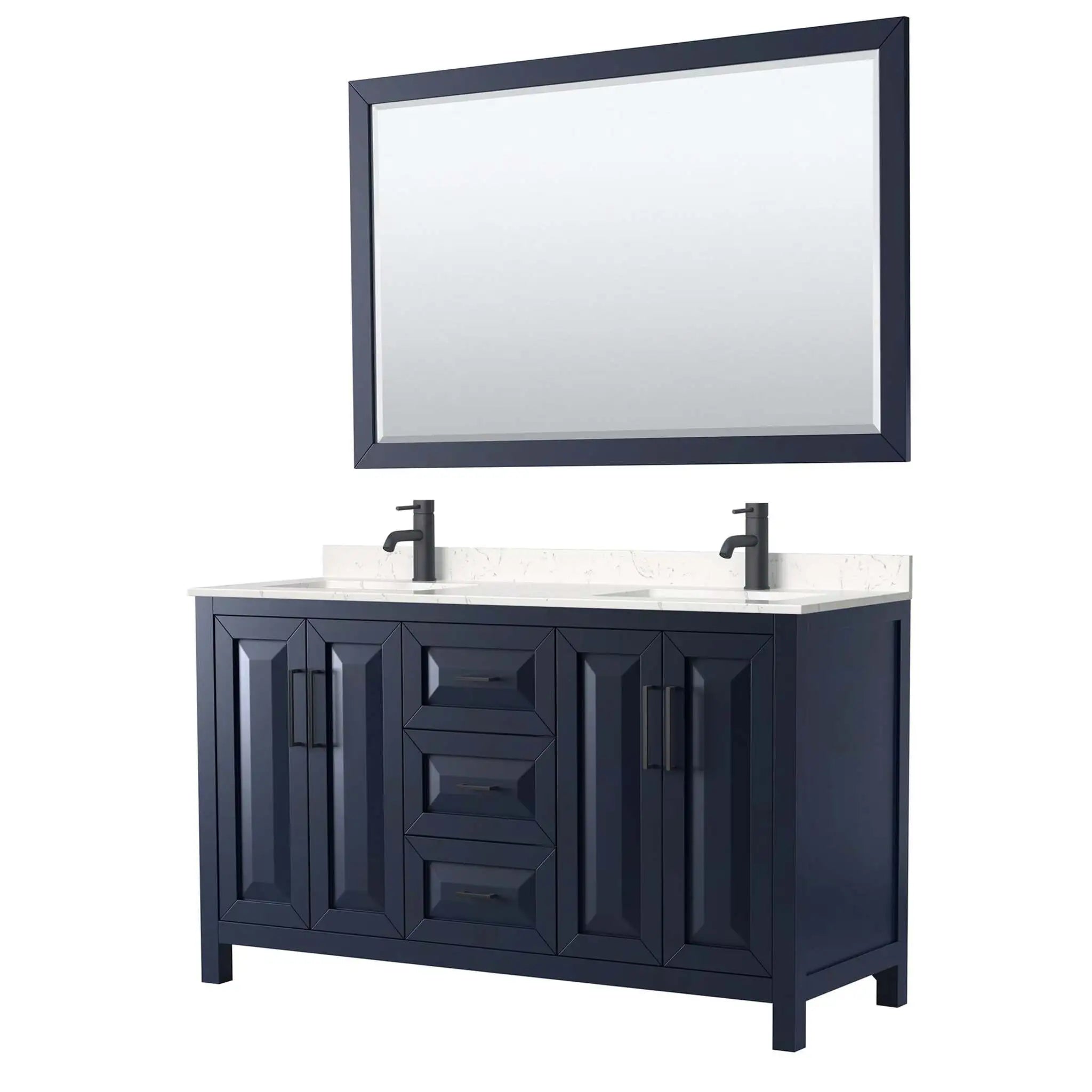 60" Daria Double Bathroom Vanity in Dark Blue with Matte Black Trim & 58" Mirror by Wyndham