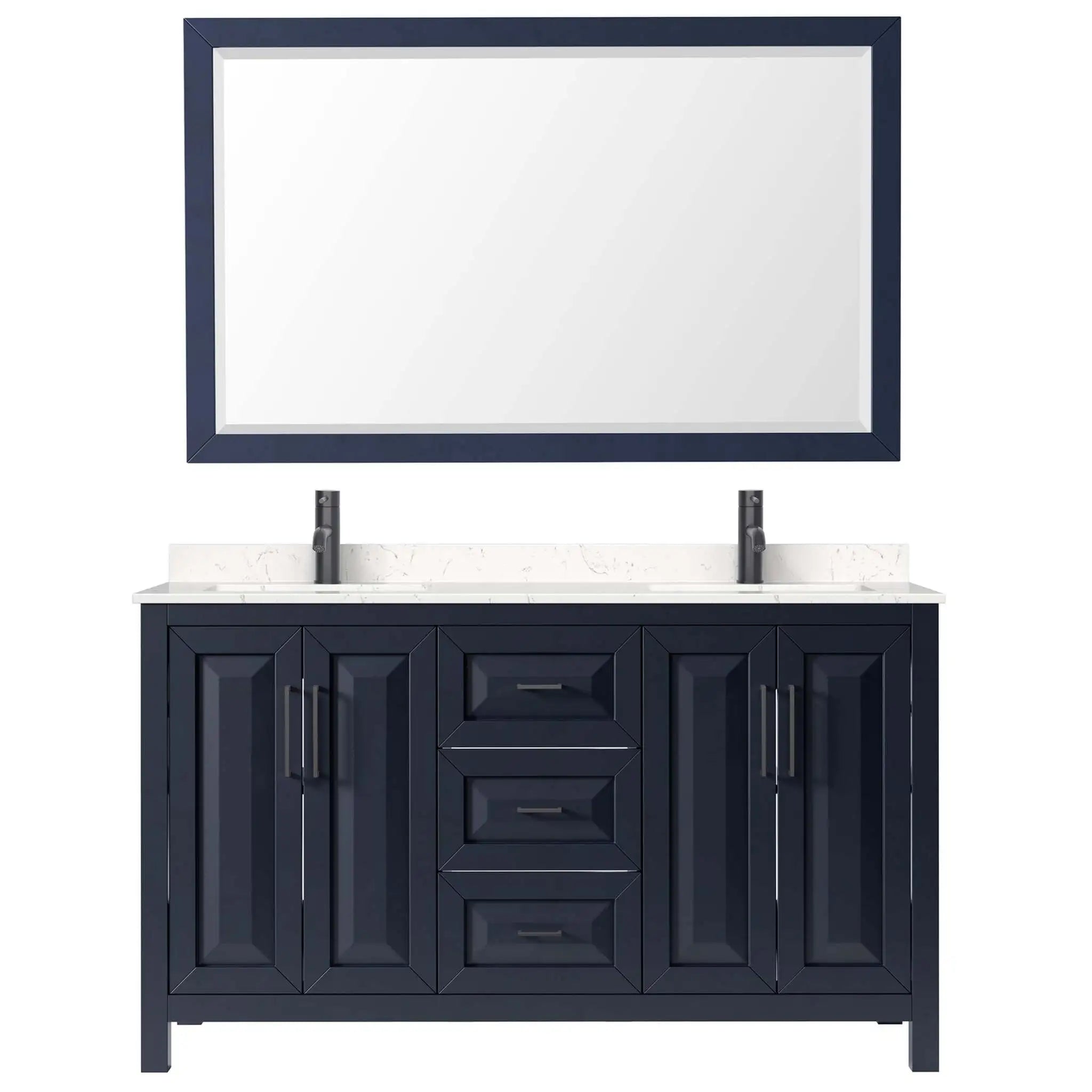 60" Daria Double Bathroom Vanity in Dark Blue with Matte Black Trim & 58" Mirror by Wyndham