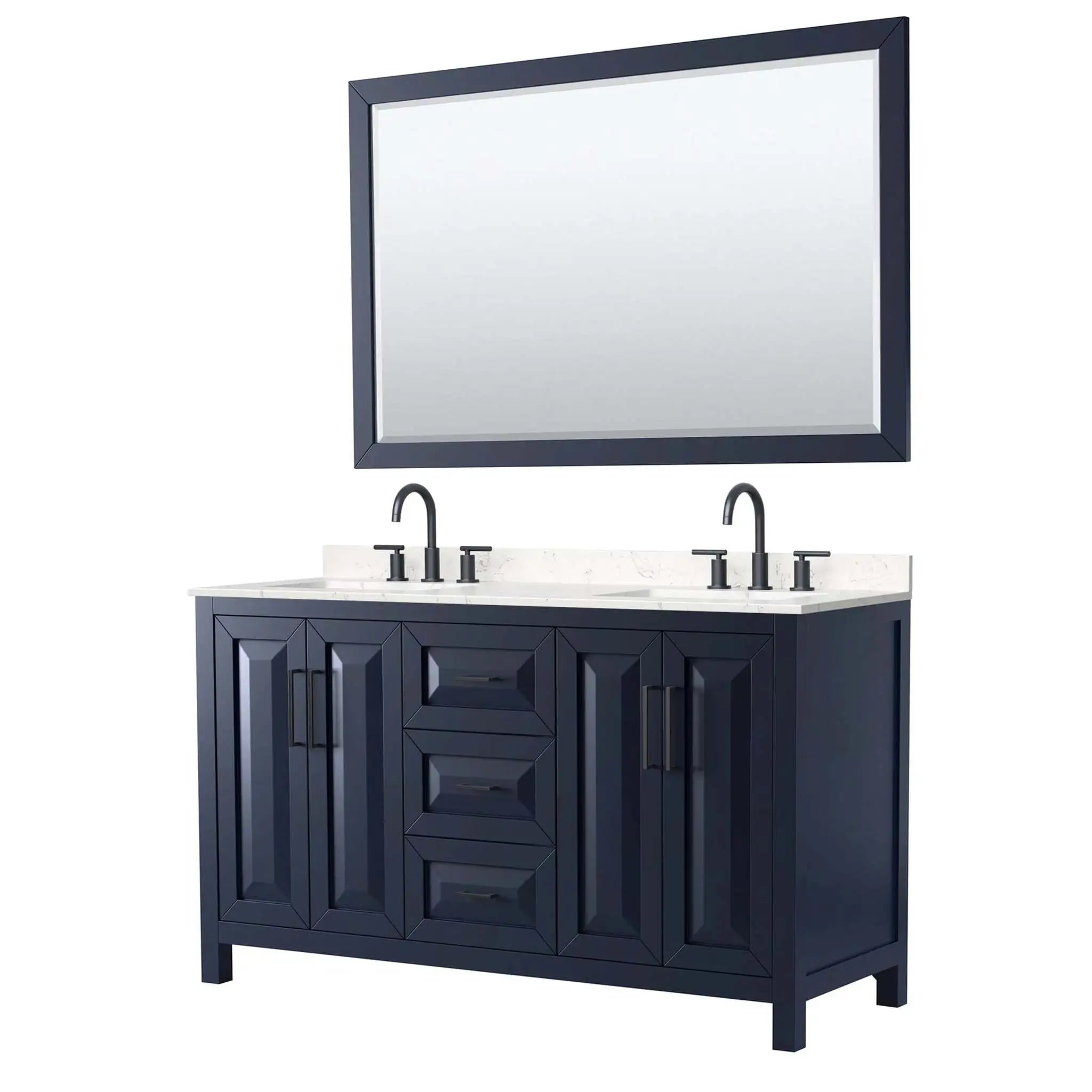 60" Daria Double Bathroom Vanity in Dark Blue with Matte Black Trim & 58" Mirror by Wyndham