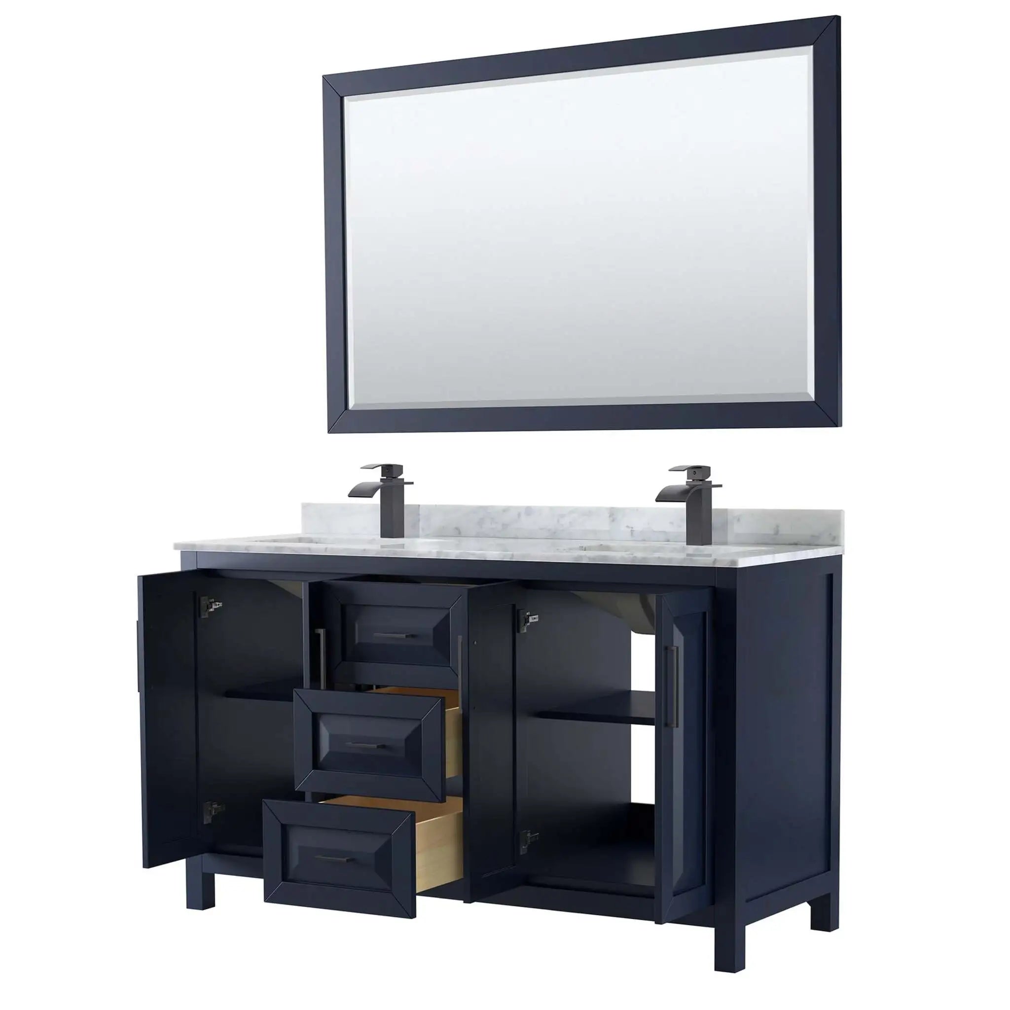 60" Daria Double Bathroom Vanity in Dark Blue with Matte Black Trim & 58" Mirror by Wyndham