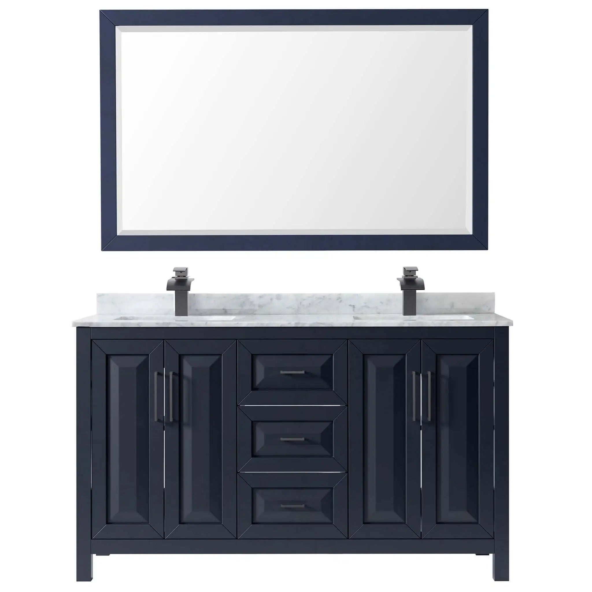 60" Daria Double Bathroom Vanity in Dark Blue with Matte Black Trim & 58" Mirror by Wyndham