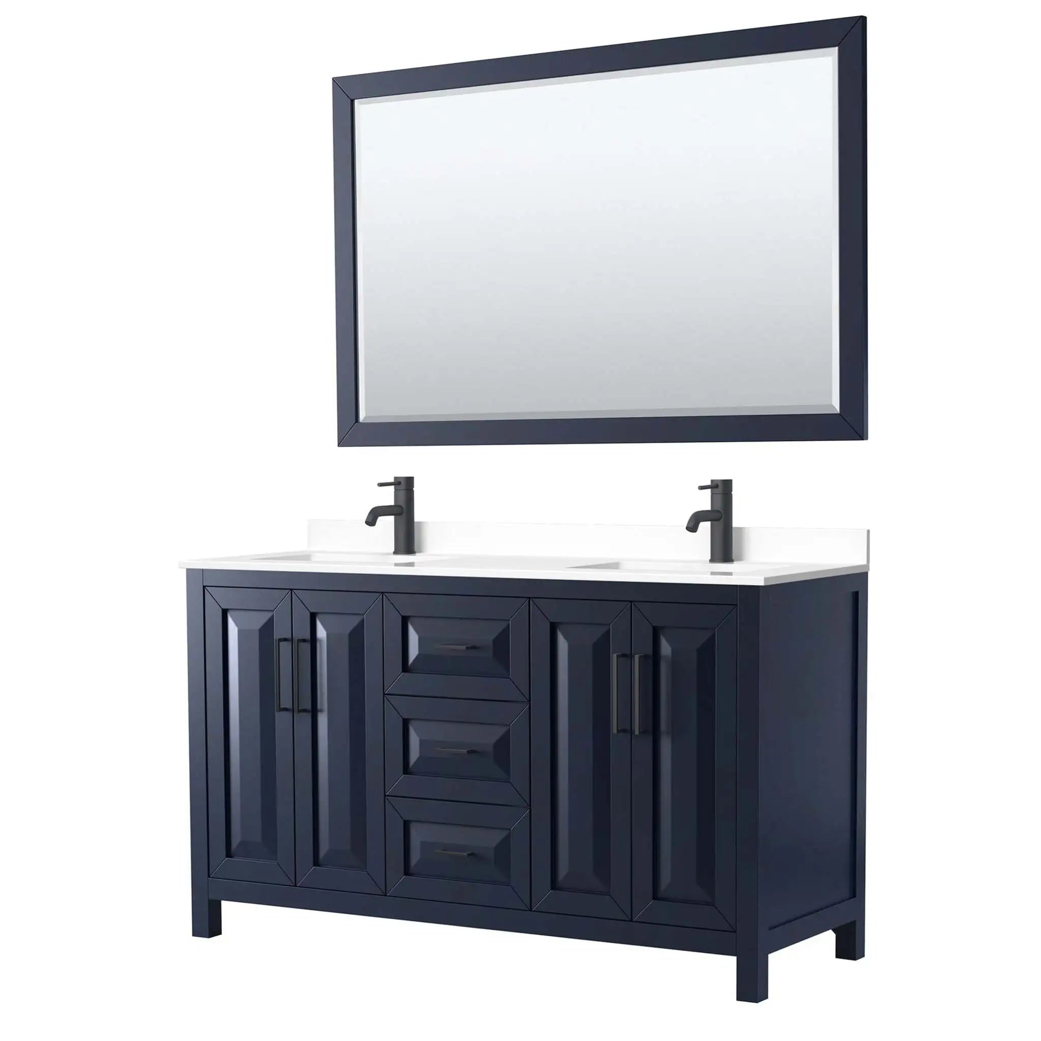 60" Daria Double Bathroom Vanity in Dark Blue with Matte Black Trim & 58" Mirror by Wyndham