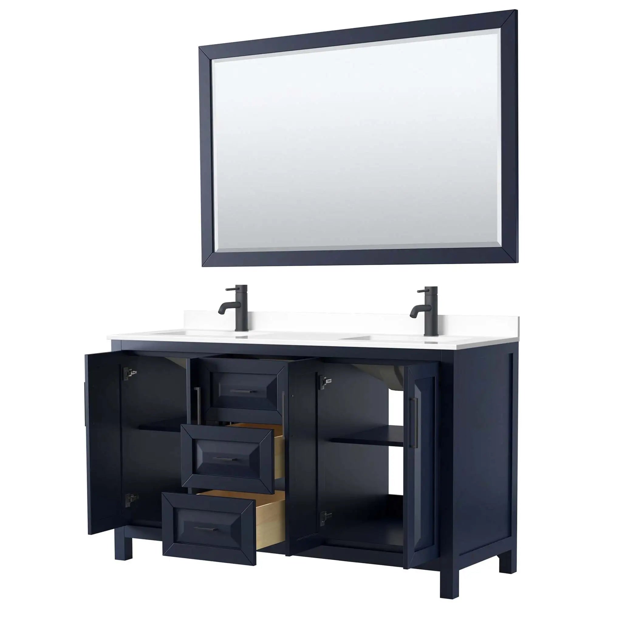 60" Daria Double Bathroom Vanity in Dark Blue with Matte Black Trim & 58" Mirror by Wyndham
