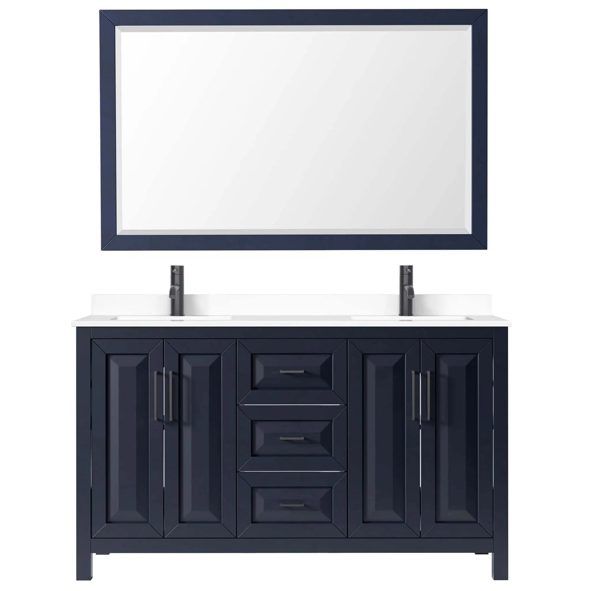 60" Daria Double Bathroom Vanity in Dark Blue with Matte Black Trim & 58" Mirror by Wyndham