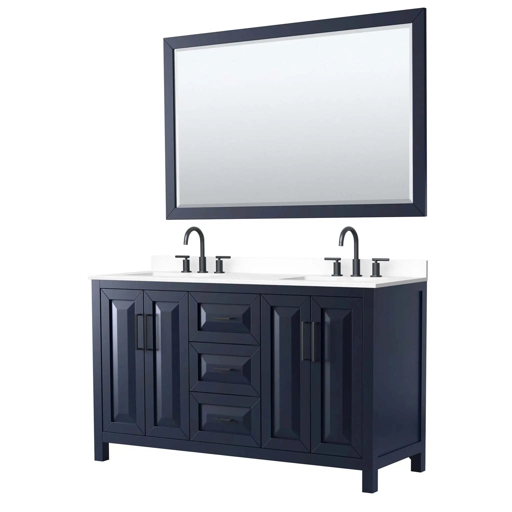 60" Daria Double Bathroom Vanity in Dark Blue with Matte Black Trim & 58" Mirror by Wyndham