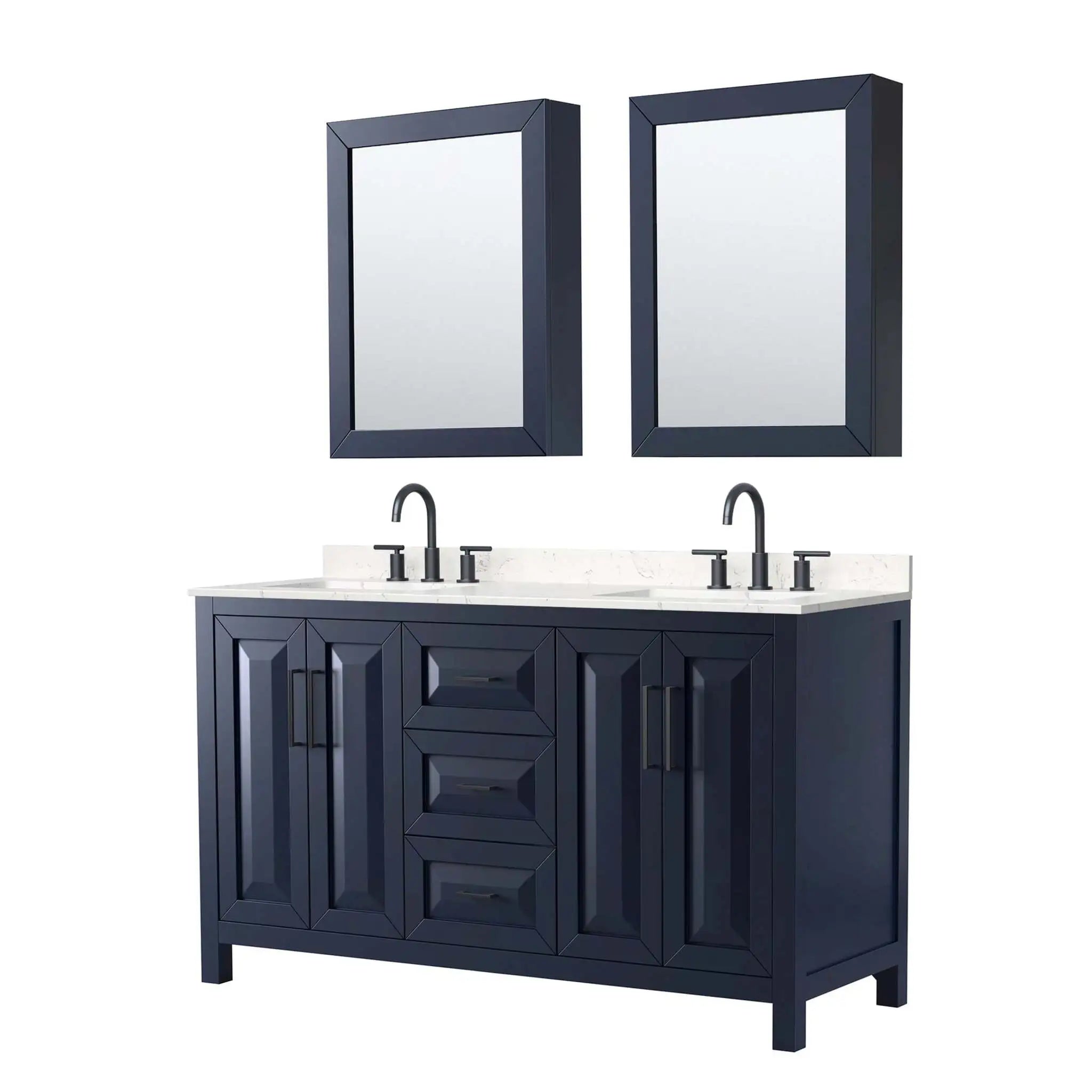60" Daria Double Bathroom Vanity in Dark Blue with Matte Black Trim & Medicine Cabinet by Wyndham