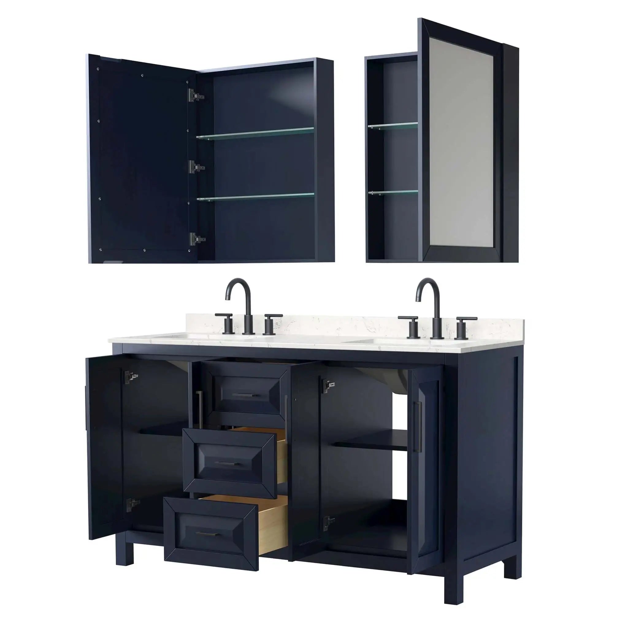 60" Daria Double Bathroom Vanity in Dark Blue with Matte Black Trim & Medicine Cabinet by Wyndham