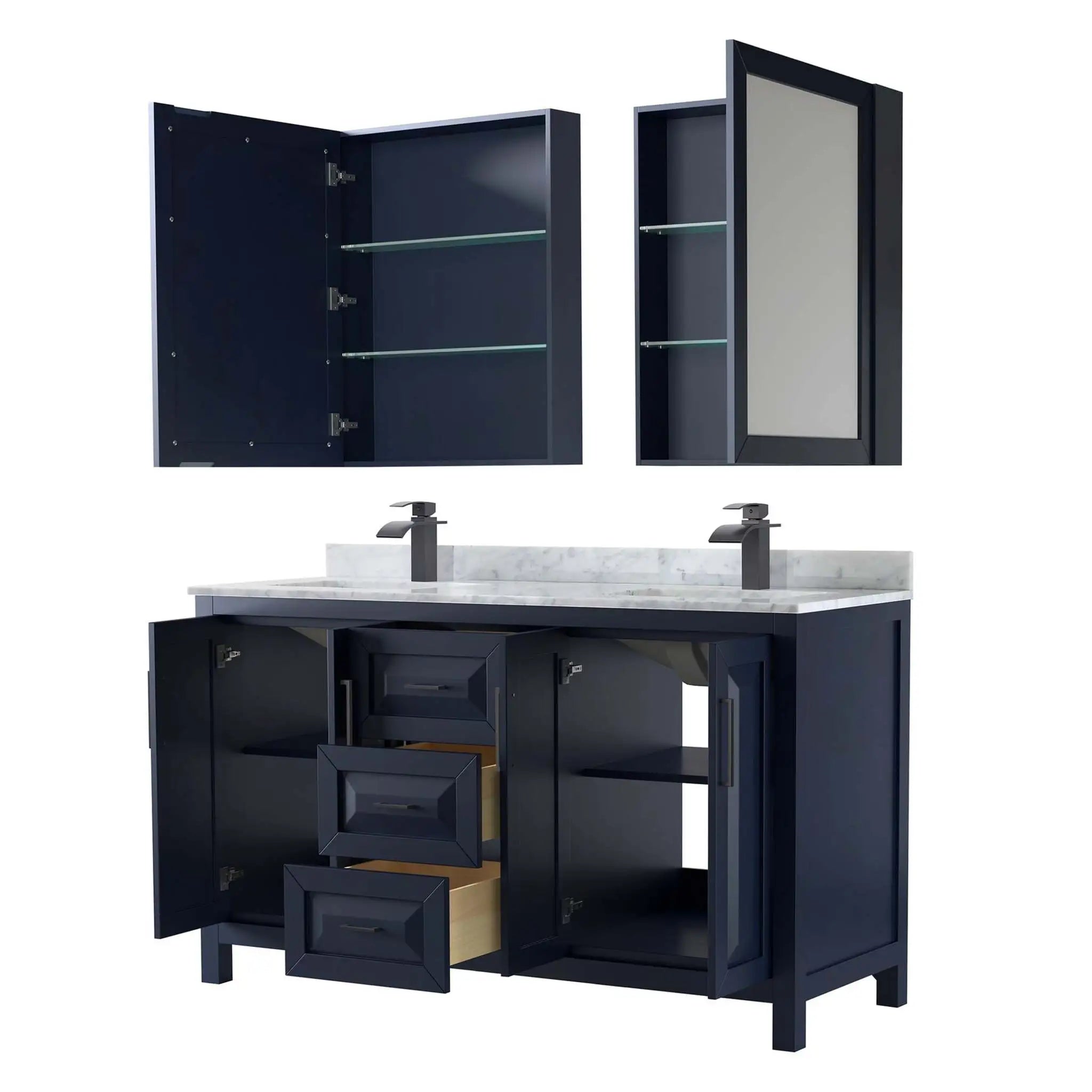 60" Daria Double Bathroom Vanity in Dark Blue with Matte Black Trim & Medicine Cabinet by Wyndham