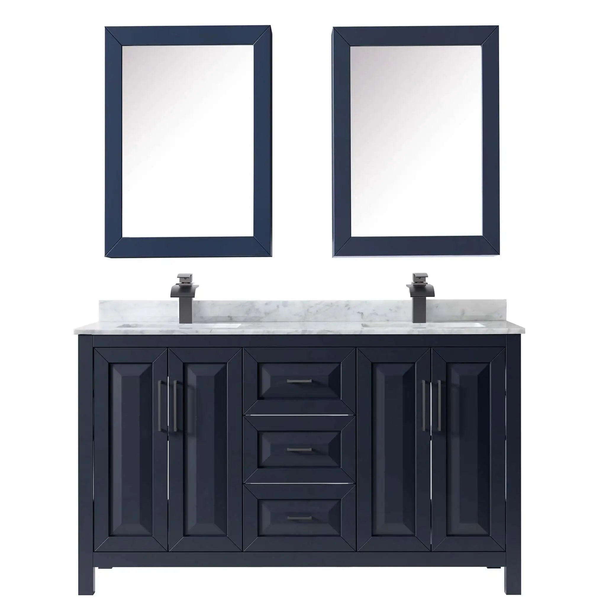 60" Daria Double Bathroom Vanity in Dark Blue with Matte Black Trim & Medicine Cabinet by Wyndham