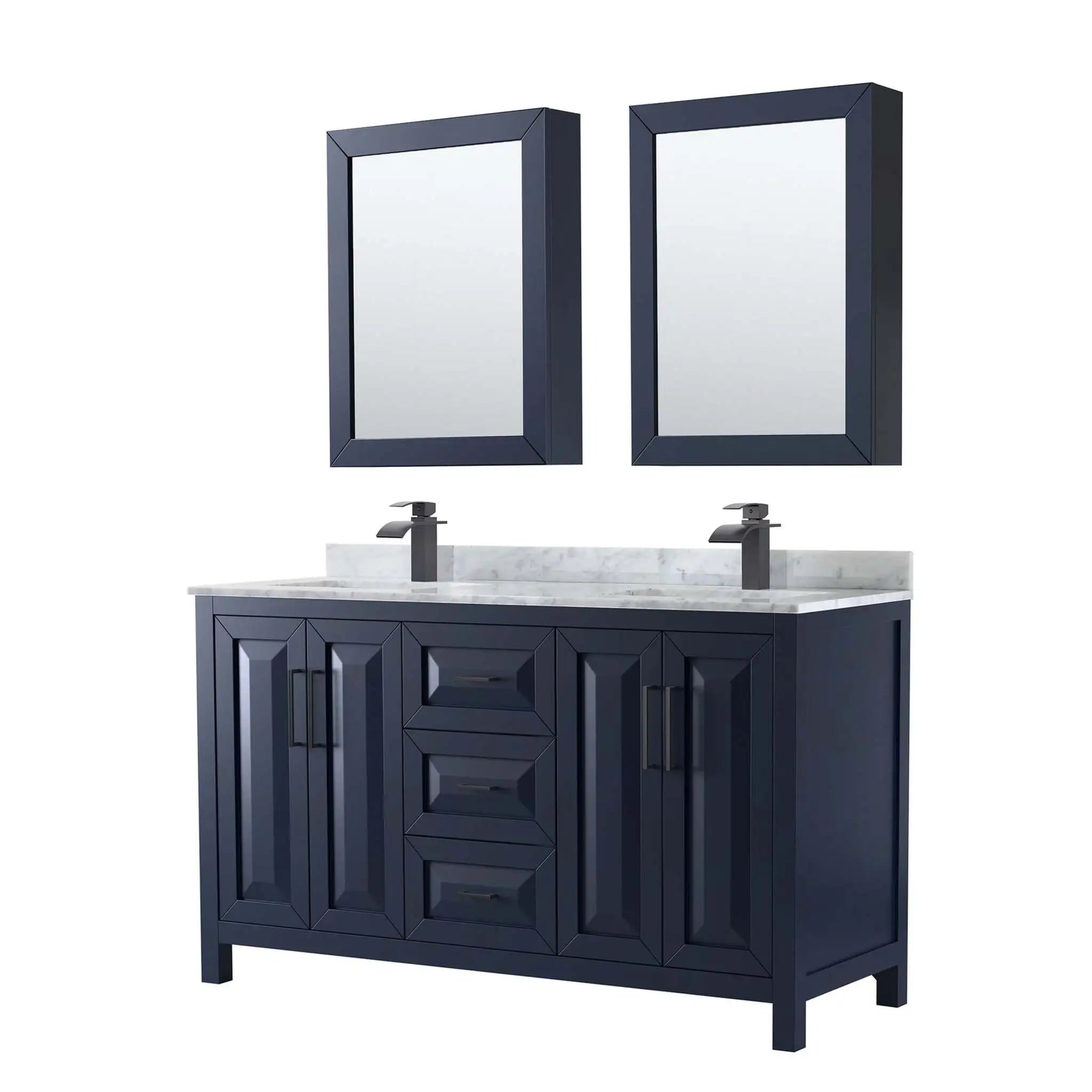 60" Daria Double Bathroom Vanity in Dark Blue with Matte Black Trim & Medicine Cabinet by Wyndham