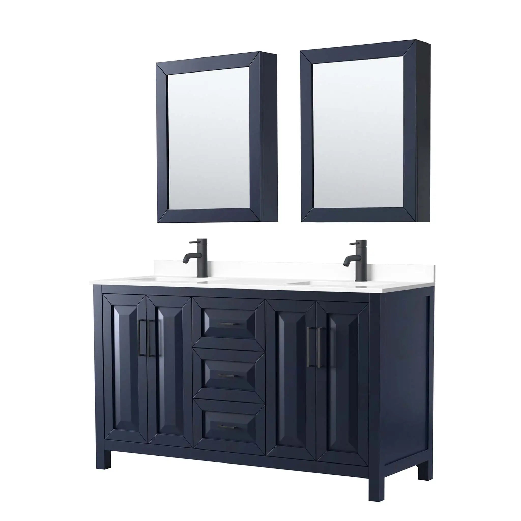 60" Daria Double Bathroom Vanity in Dark Blue with Matte Black Trim & Medicine Cabinet by Wyndham