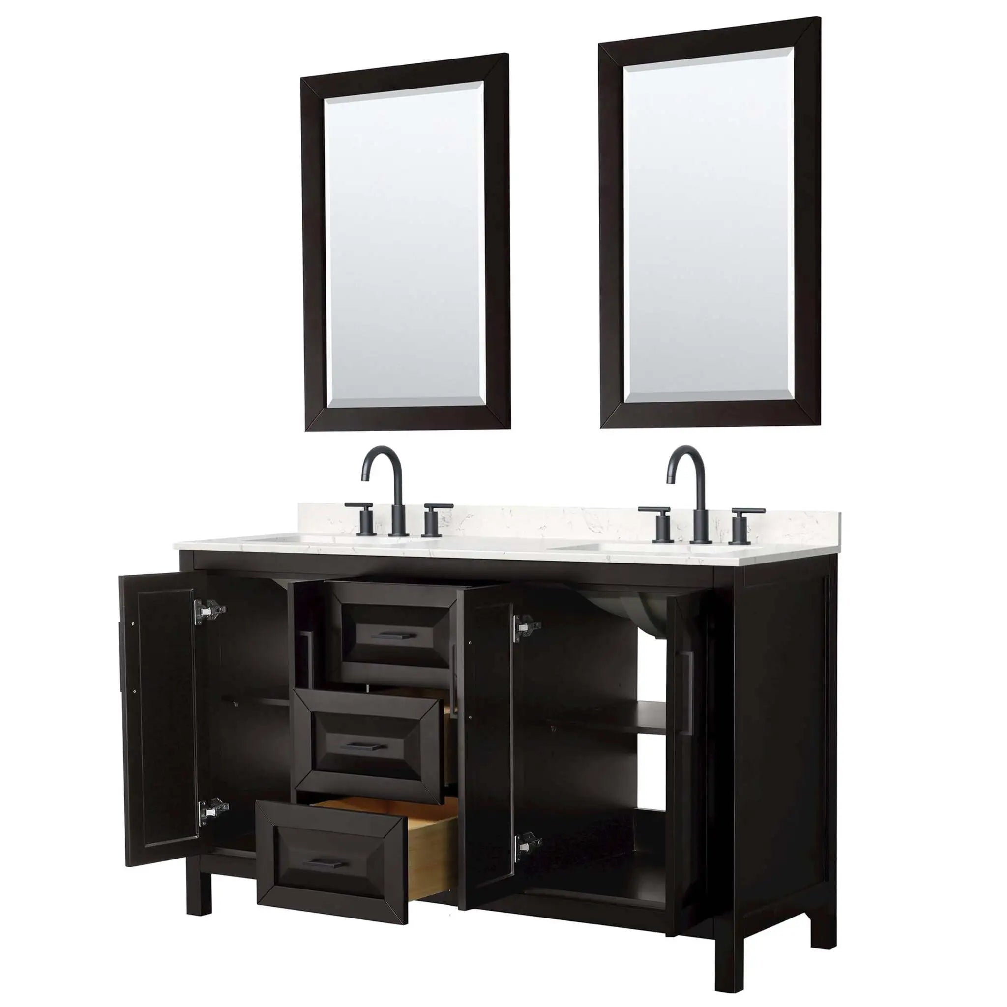 60" Daria Double Bathroom Vanity in Dark Espresso with Matte Black Trim & 24" Mirror by Wyndham