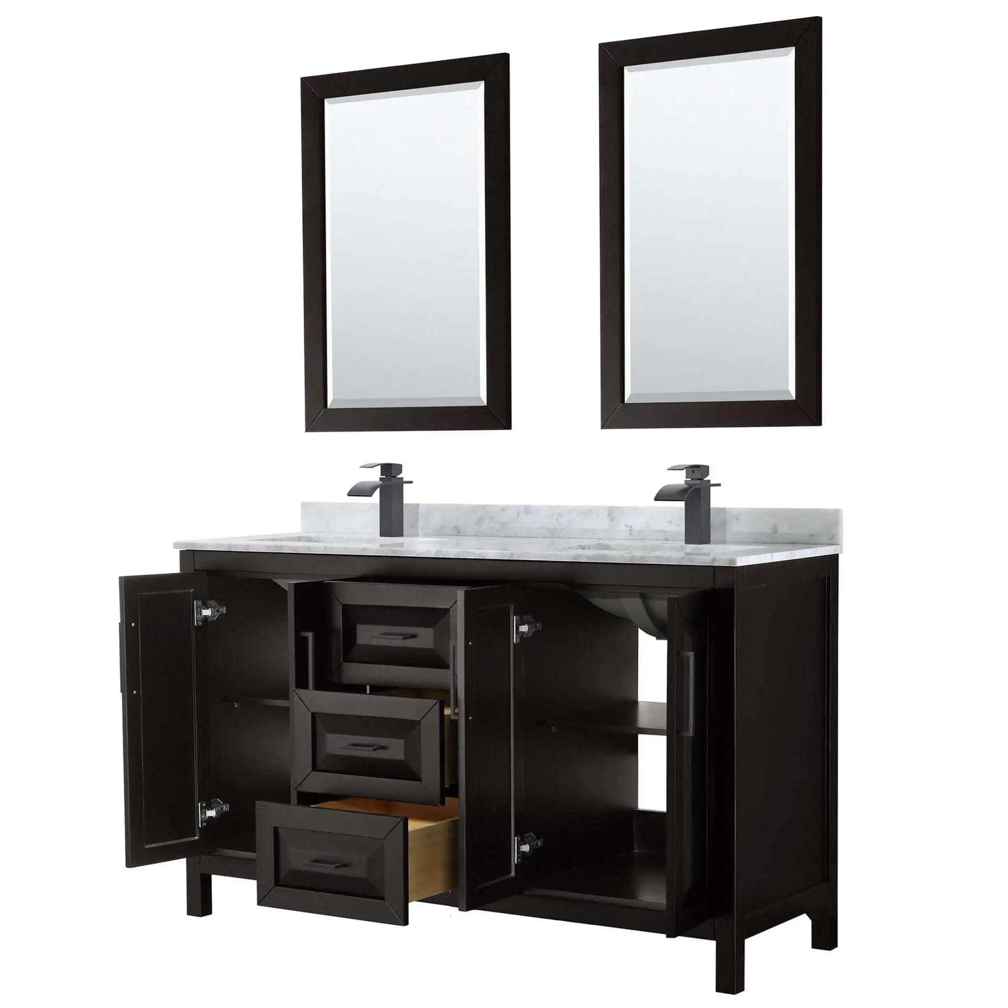 60" Daria Double Bathroom Vanity in Dark Espresso with Matte Black Trim & 24" Mirror by Wyndham