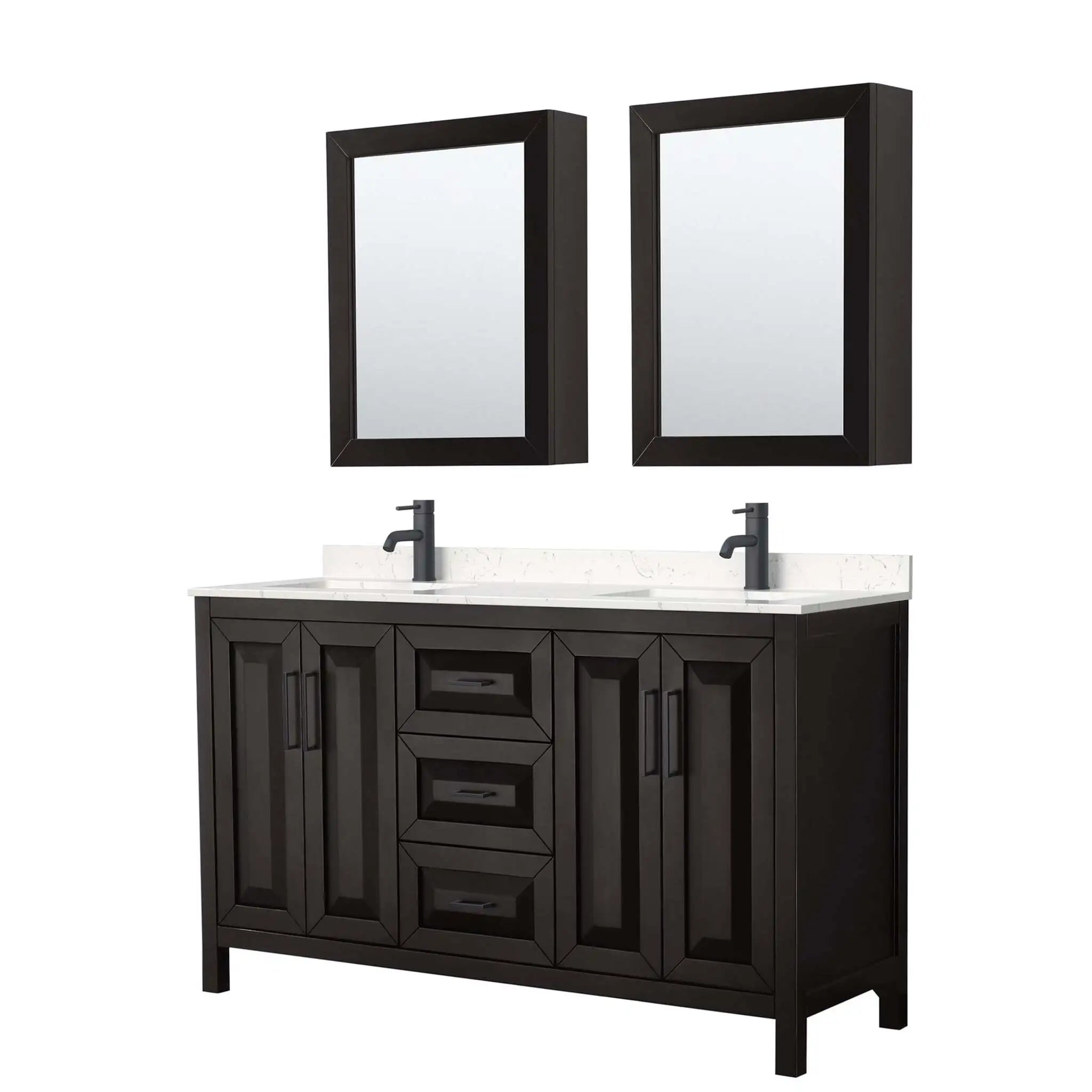 60" Daria Double Bathroom Vanity in Dark Espresso with Matte Black Trim & Medicine Cabinet by Wyndham