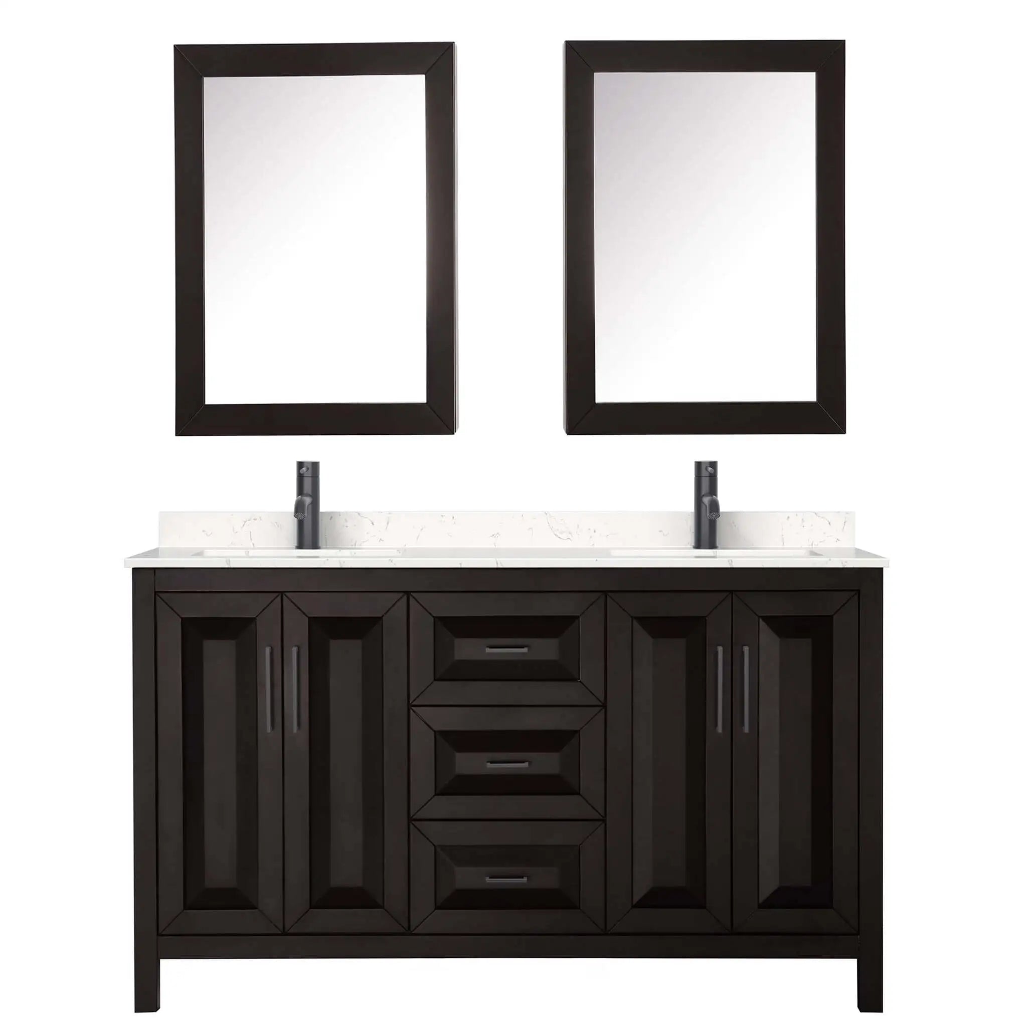 60" Daria Double Bathroom Vanity in Dark Espresso with Matte Black Trim & Medicine Cabinet by Wyndham