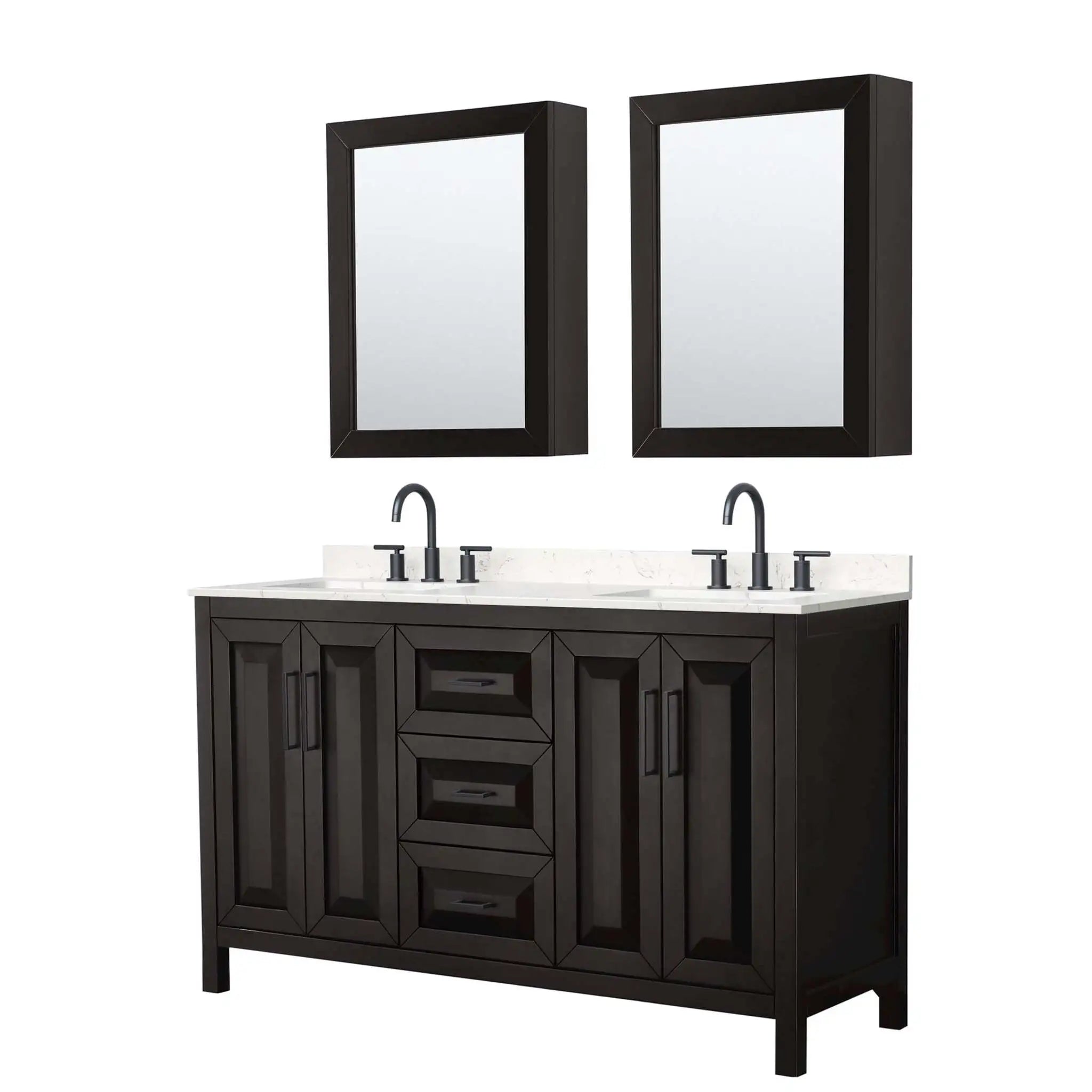 60" Daria Double Bathroom Vanity in Dark Espresso with Matte Black Trim & Medicine Cabinet by Wyndham