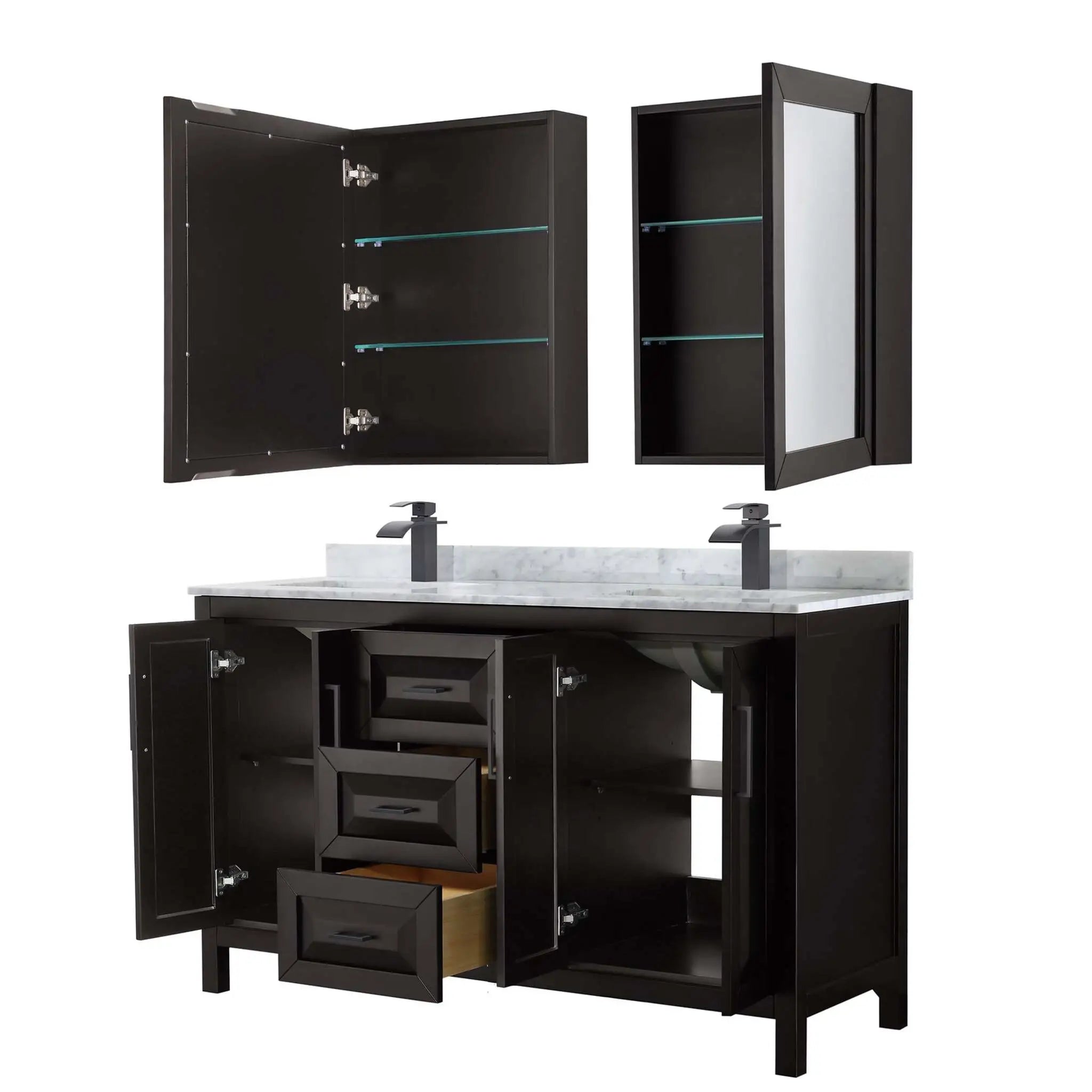 60" Daria Double Bathroom Vanity in Dark Espresso with Matte Black Trim & Medicine Cabinet by Wyndham