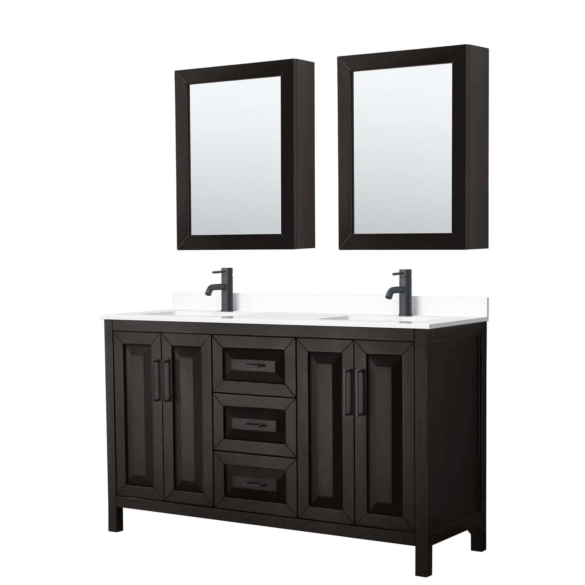 60" Daria Double Bathroom Vanity in Dark Espresso with Matte Black Trim & Medicine Cabinet by Wyndham