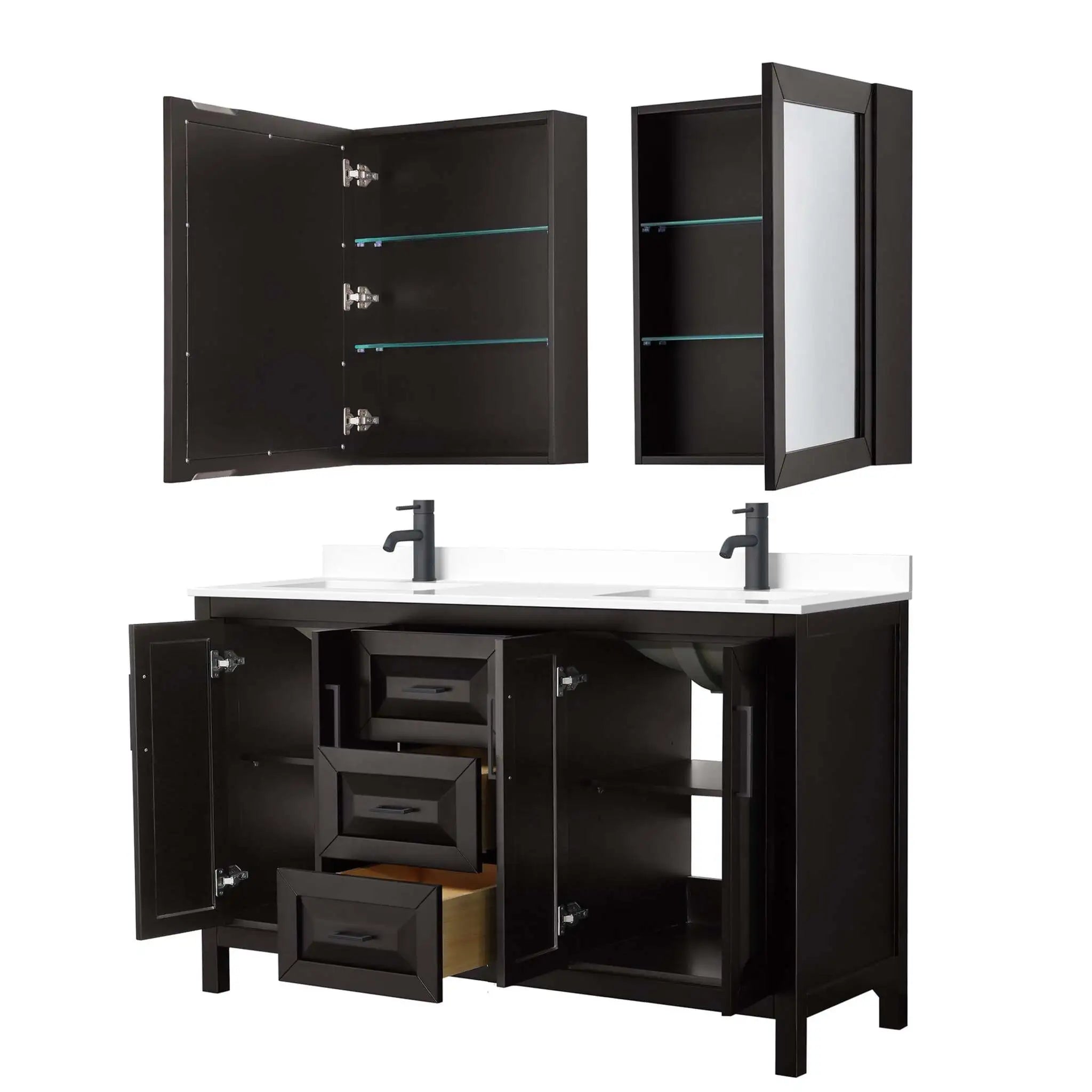 60" Daria Double Bathroom Vanity in Dark Espresso with Matte Black Trim & Medicine Cabinet by Wyndham