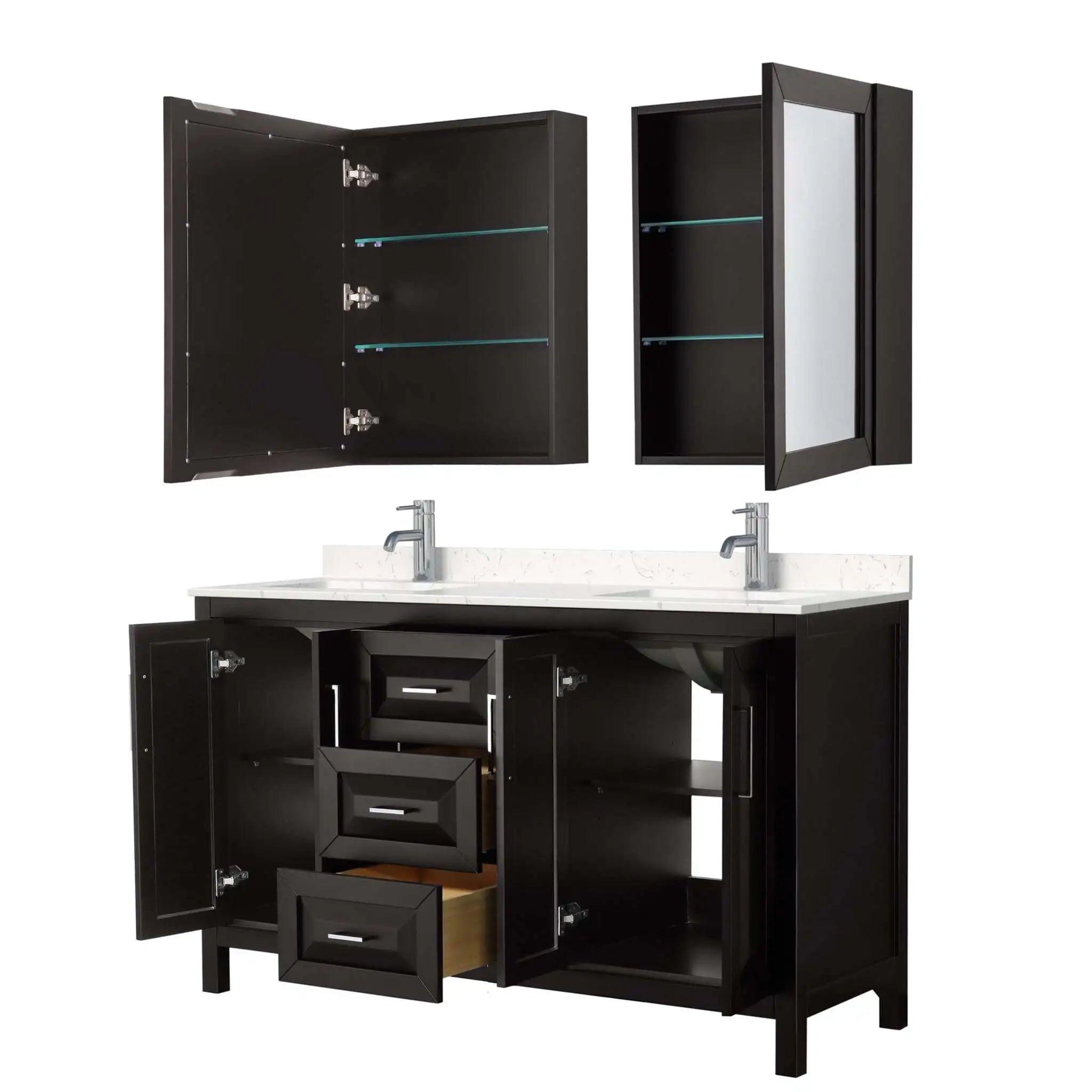 60" Daria Double Bathroom Vanity in Dark Espresso with Polished Chrome Trim & Medicine Cabinet by Wyndham