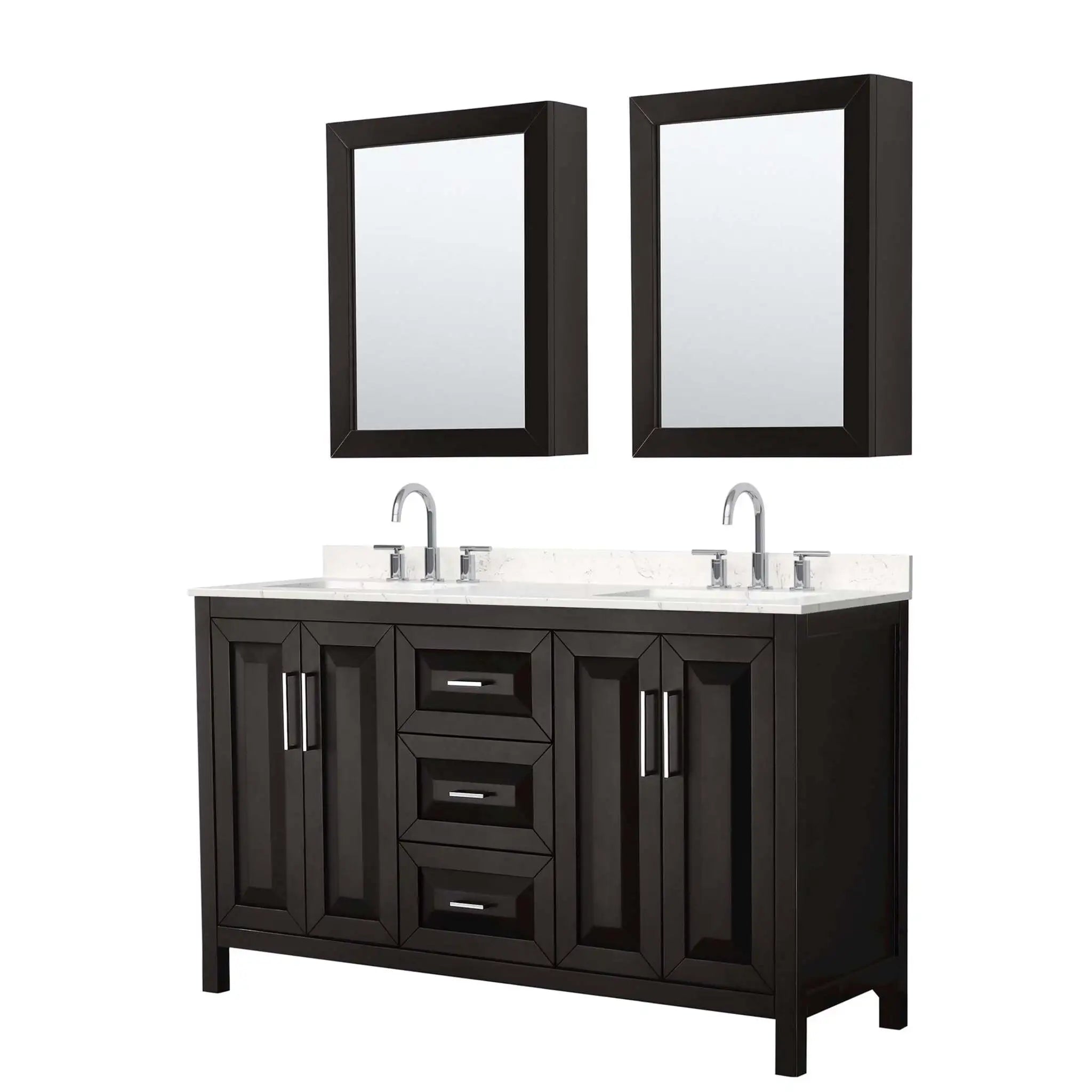 60" Daria Double Bathroom Vanity in Dark Espresso with Polished Chrome Trim & Medicine Cabinet by Wyndham