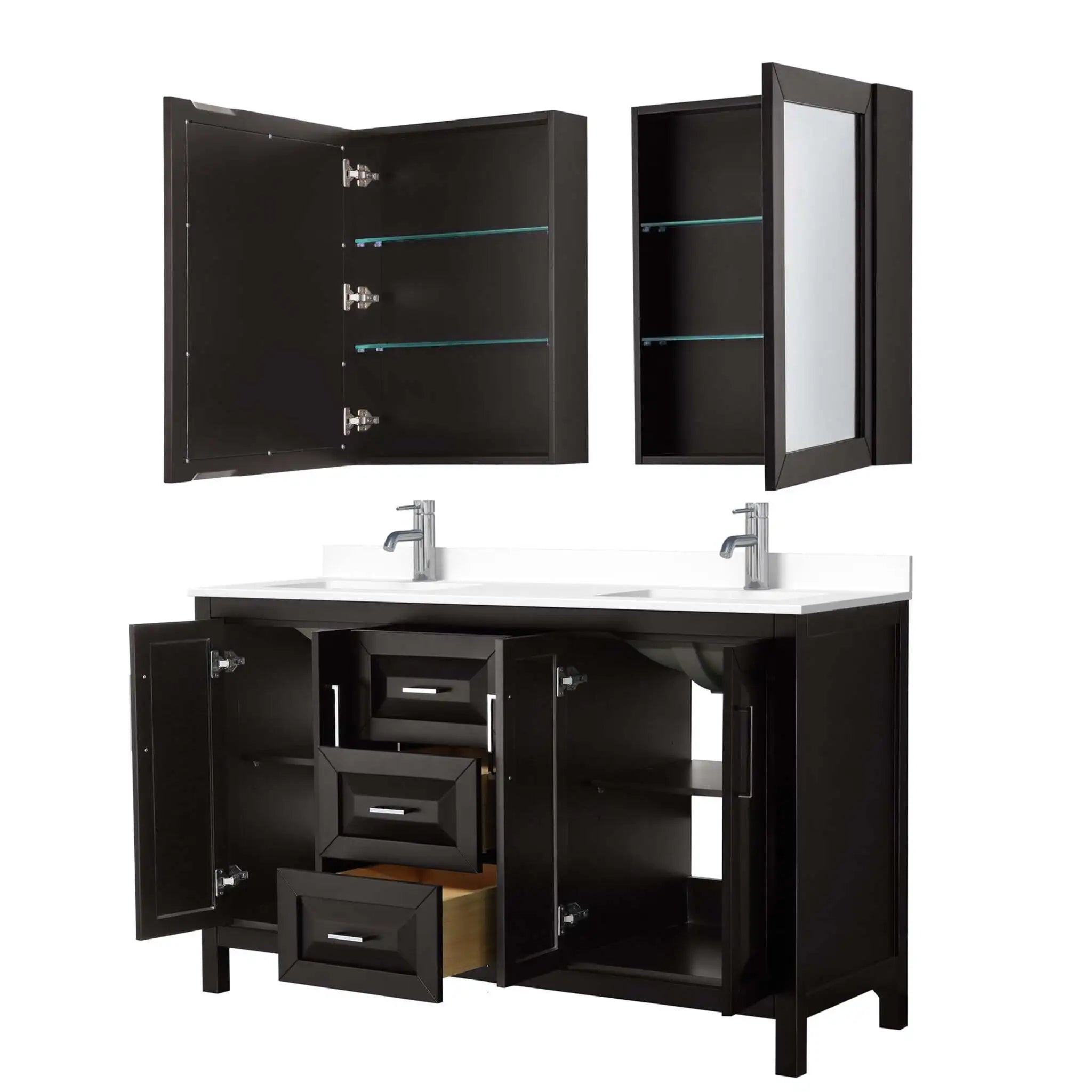 60" Daria Double Bathroom Vanity in Dark Espresso with Polished Chrome Trim & Medicine Cabinet by Wyndham