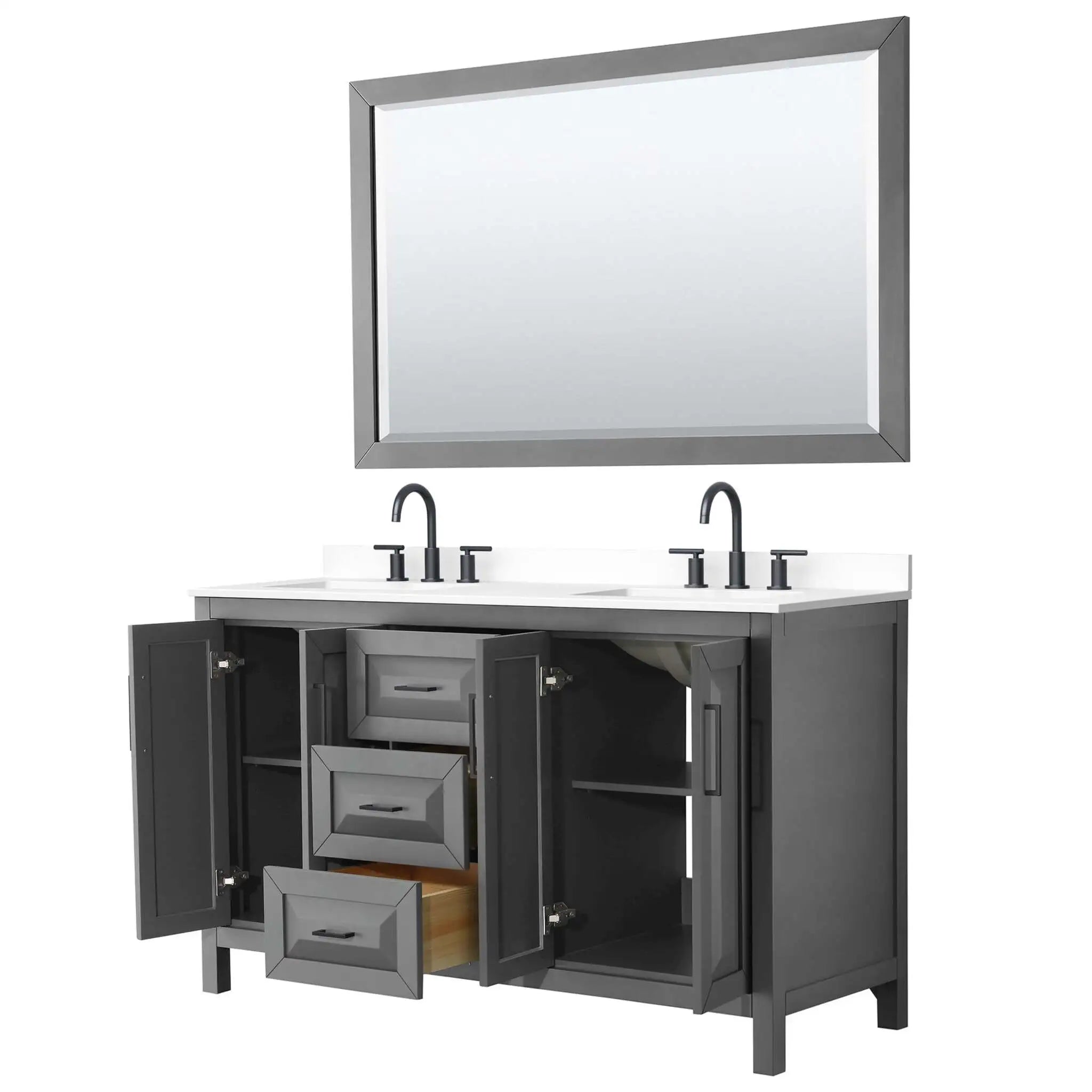 60" Daria Double Bathroom Vanity in Dark Gray with Matte Black Trim & 58" Mirror by Wyndham