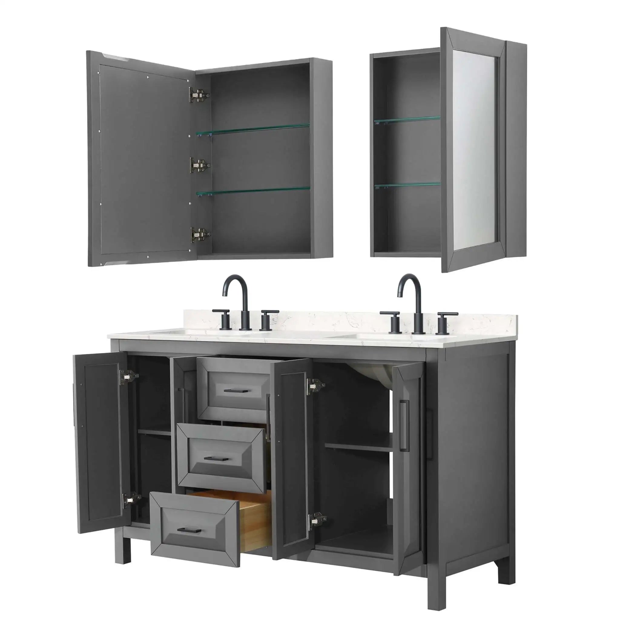 60" Daria Double Bathroom Vanity in Dark Gray with Matte Black Trim & Medicine Cabinet by Wyndham