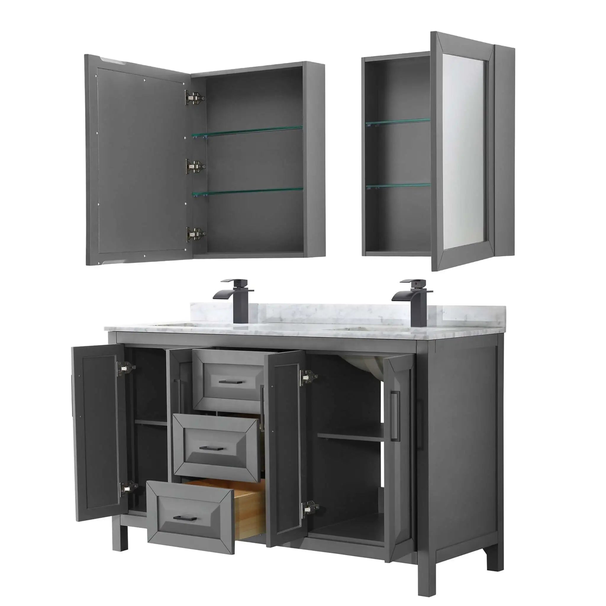 60" Daria Double Bathroom Vanity in Dark Gray with Matte Black Trim & Medicine Cabinet by Wyndham