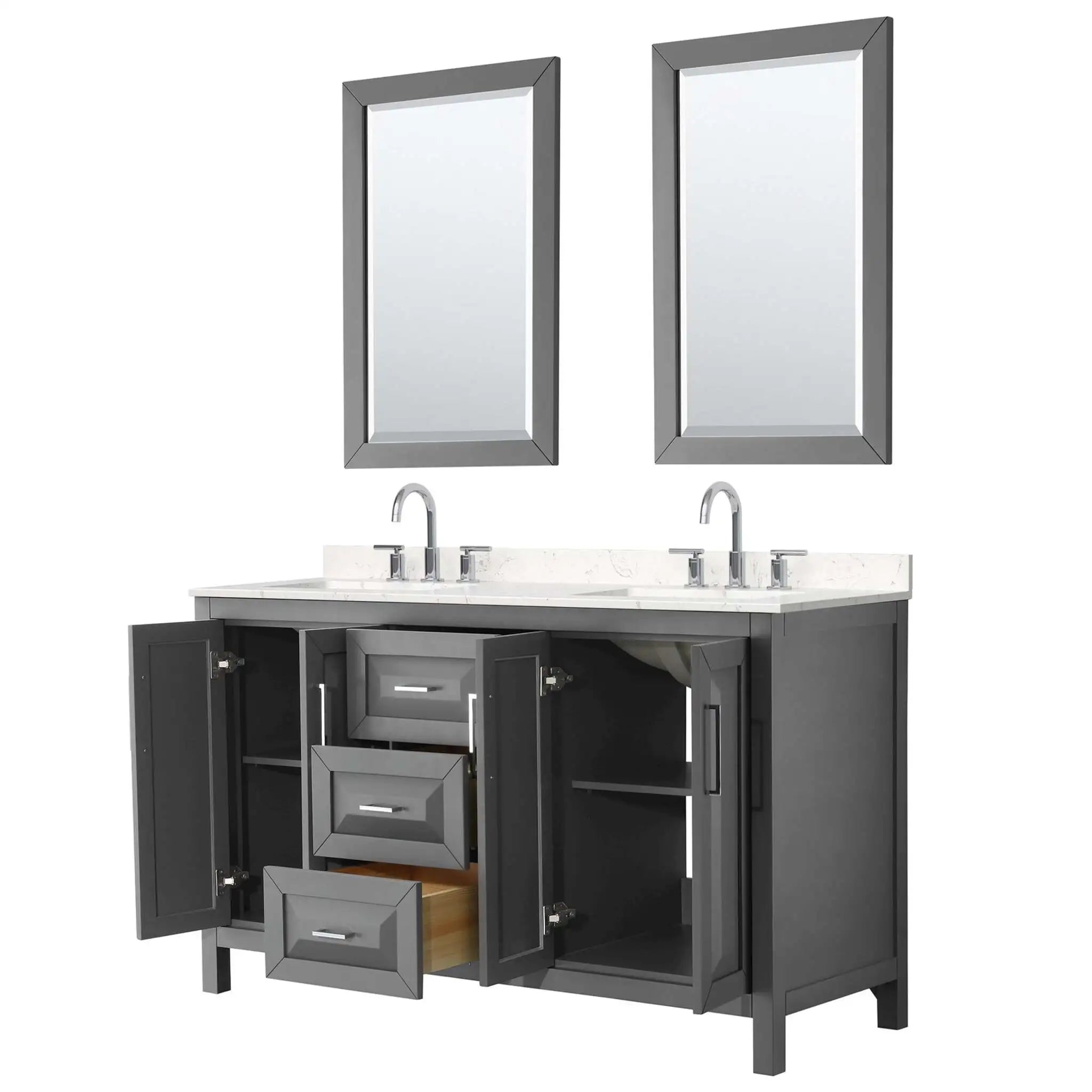 60" Daria Double Bathroom Vanity in Dark Gray with Polished Chrome Trim & 24" Mirror by Wyndham