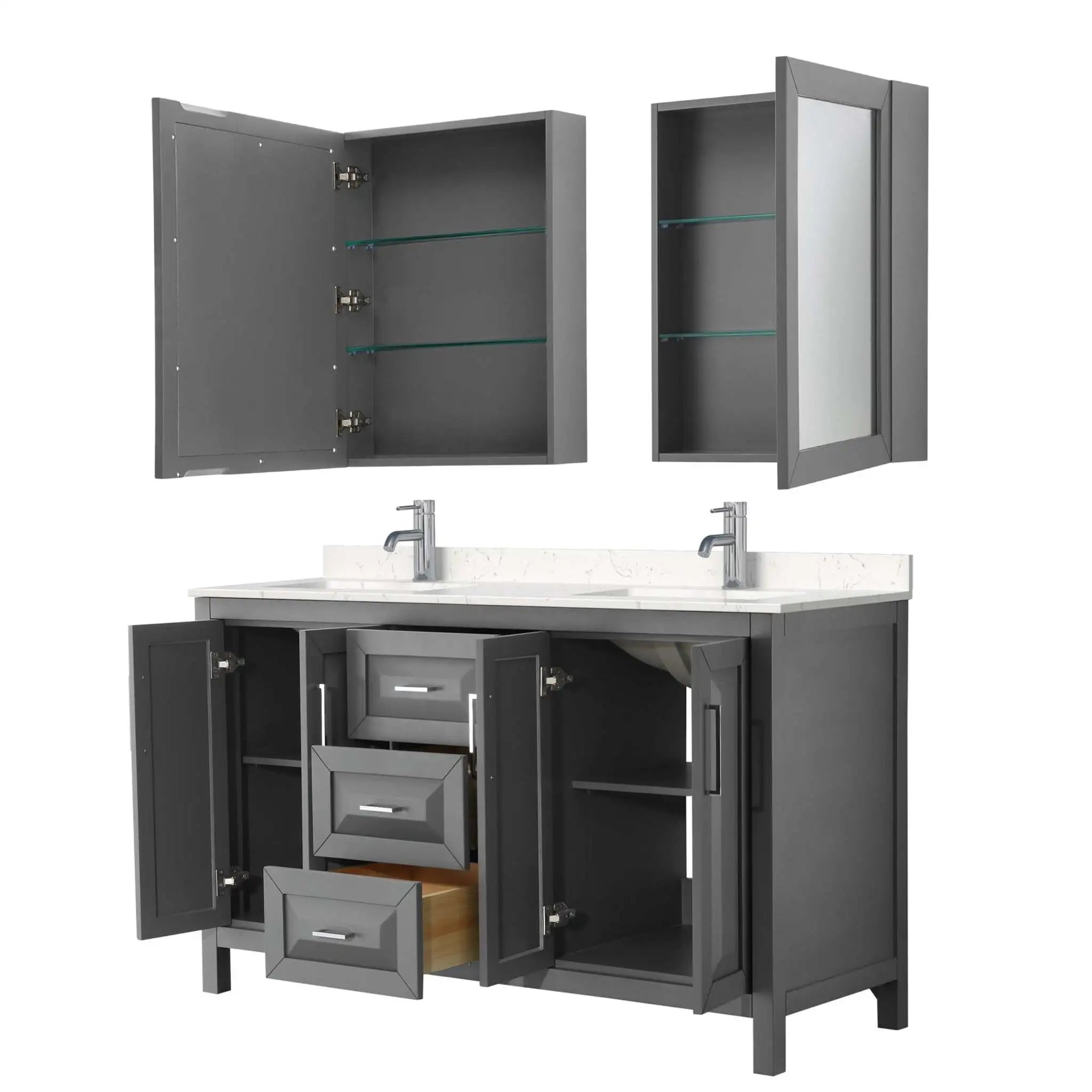 60" Daria Double Bathroom Vanity in Dark Gray with Polished Chrome Trim & Medicine Cabinet by Wyndham