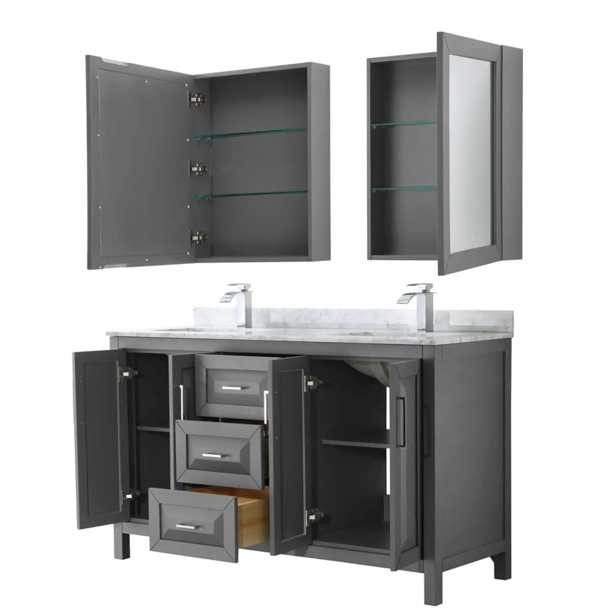 60" Daria Double Bathroom Vanity in Dark Gray with Polished Chrome Trim & Medicine Cabinet by Wyndham