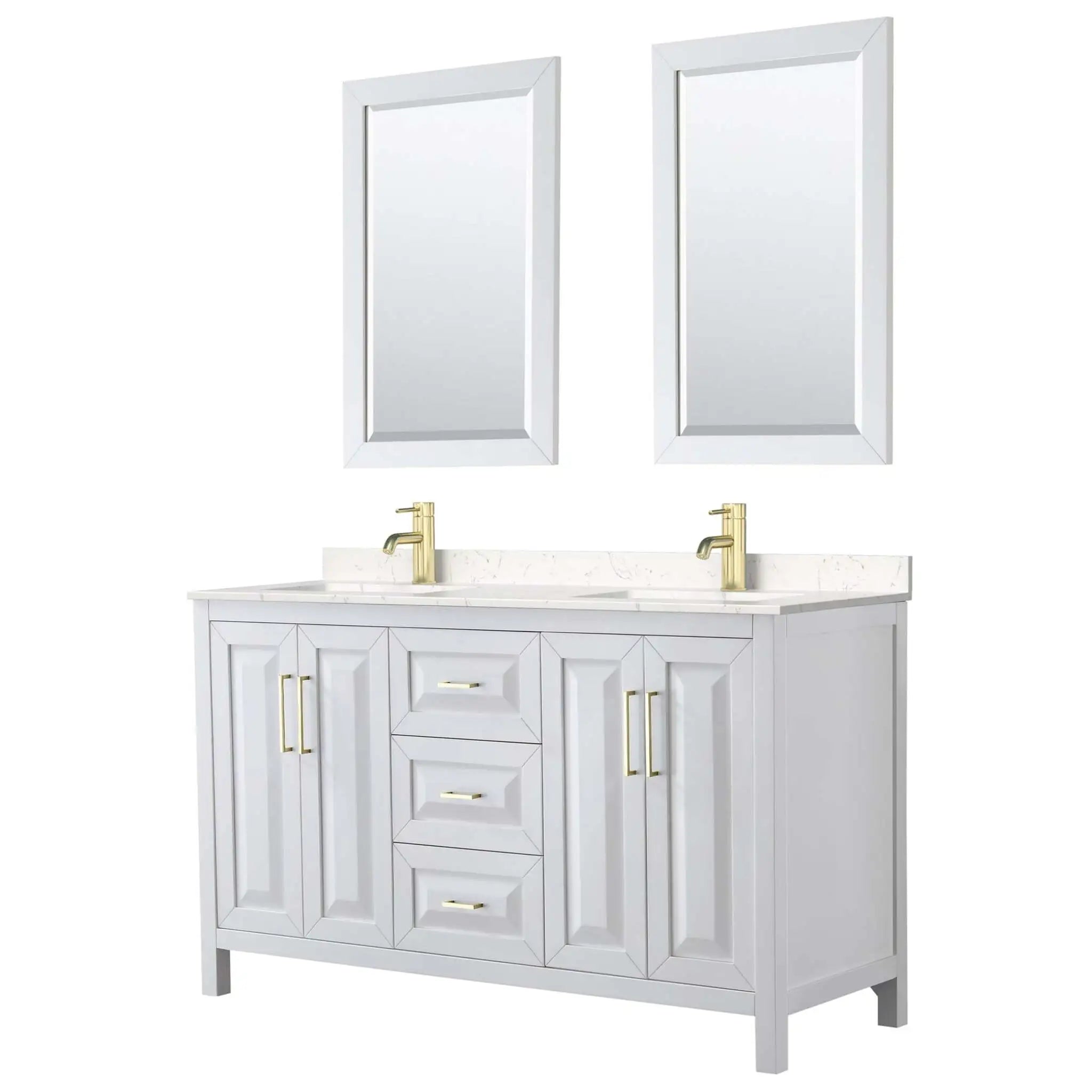 60" Daria Double Bathroom Vanity in White with Brushed Gold Trim & 24" Mirror by Wyndham