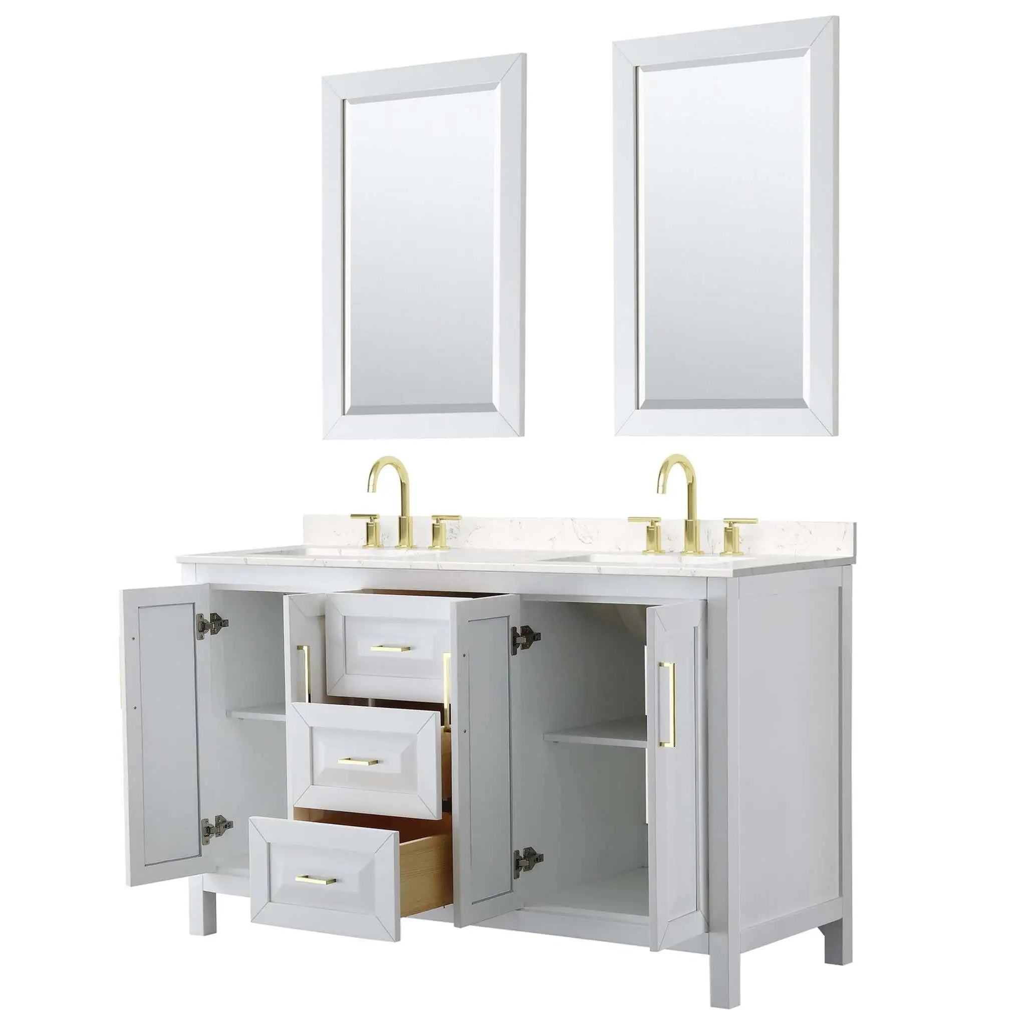 60" Daria Double Bathroom Vanity in White with Brushed Gold Trim & 24" Mirror by Wyndham