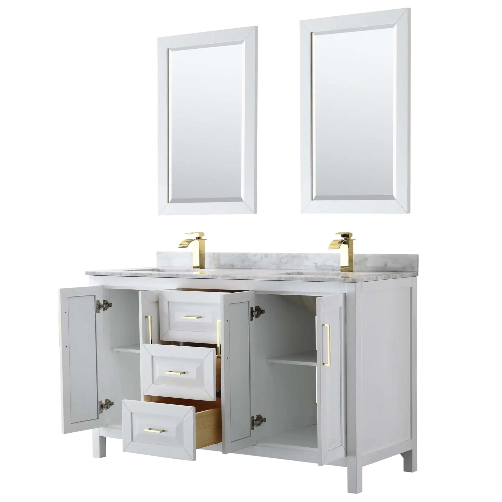 60" Daria Double Bathroom Vanity in White with Brushed Gold Trim & 24" Mirror by Wyndham