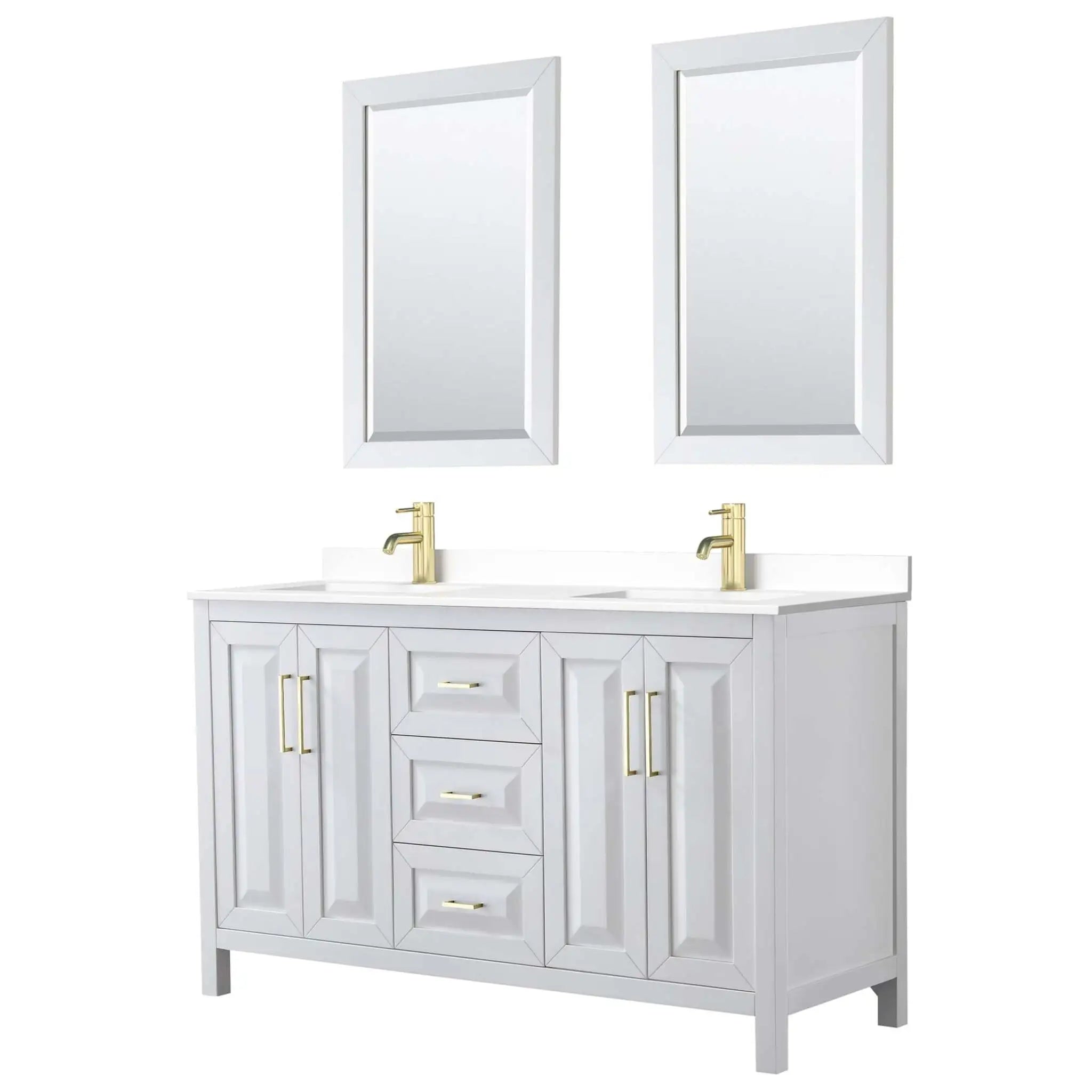 60" Daria Double Bathroom Vanity in White with Brushed Gold Trim & 24" Mirror by Wyndham
