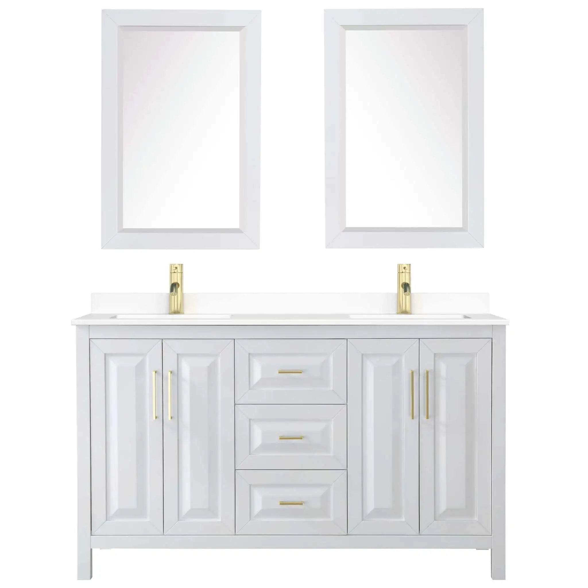 60" Daria Double Bathroom Vanity in White with Brushed Gold Trim & 24" Mirror by Wyndham