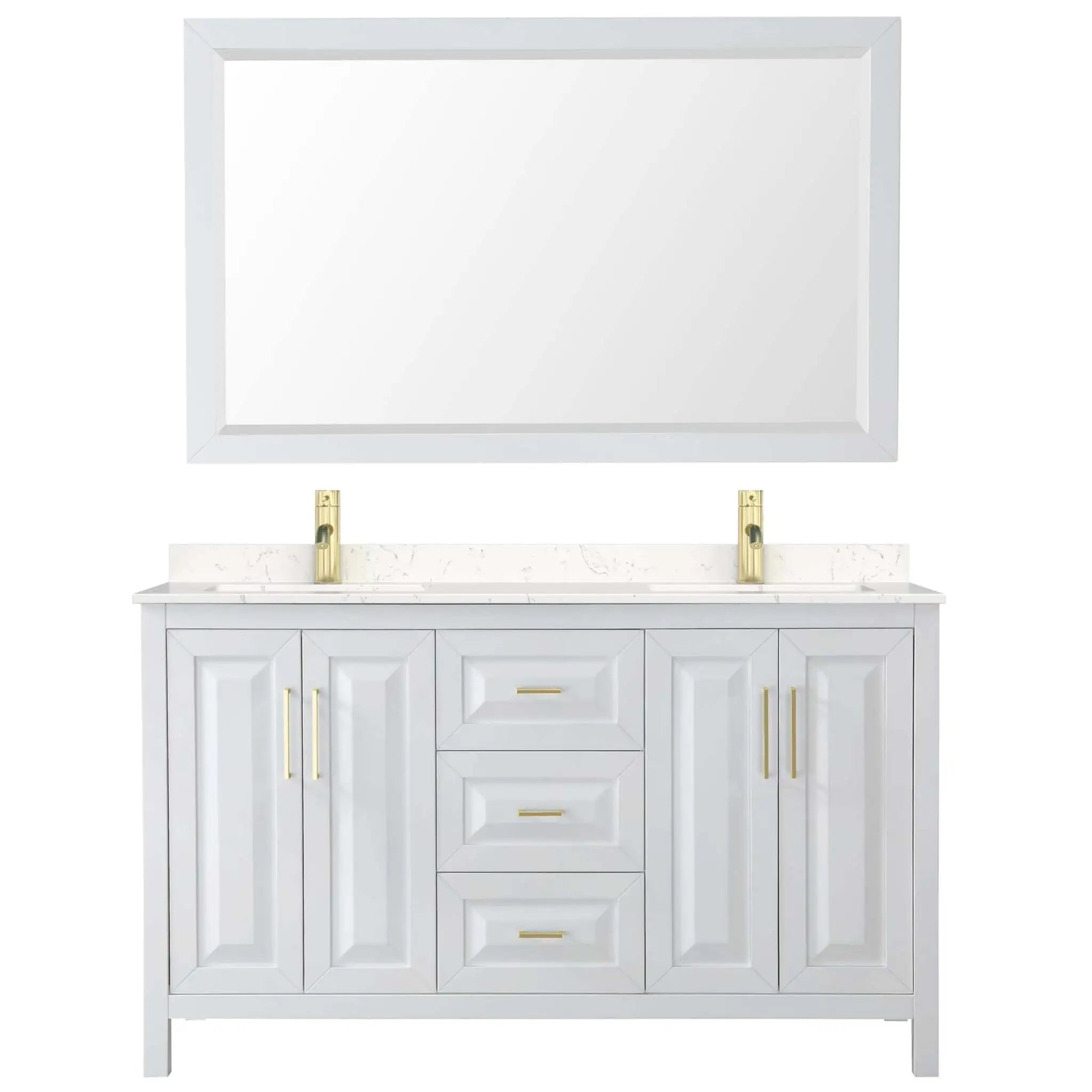 60" Daria Double Bathroom Vanity in White with Brushed Gold Trim & 58" Mirror by Wyndham