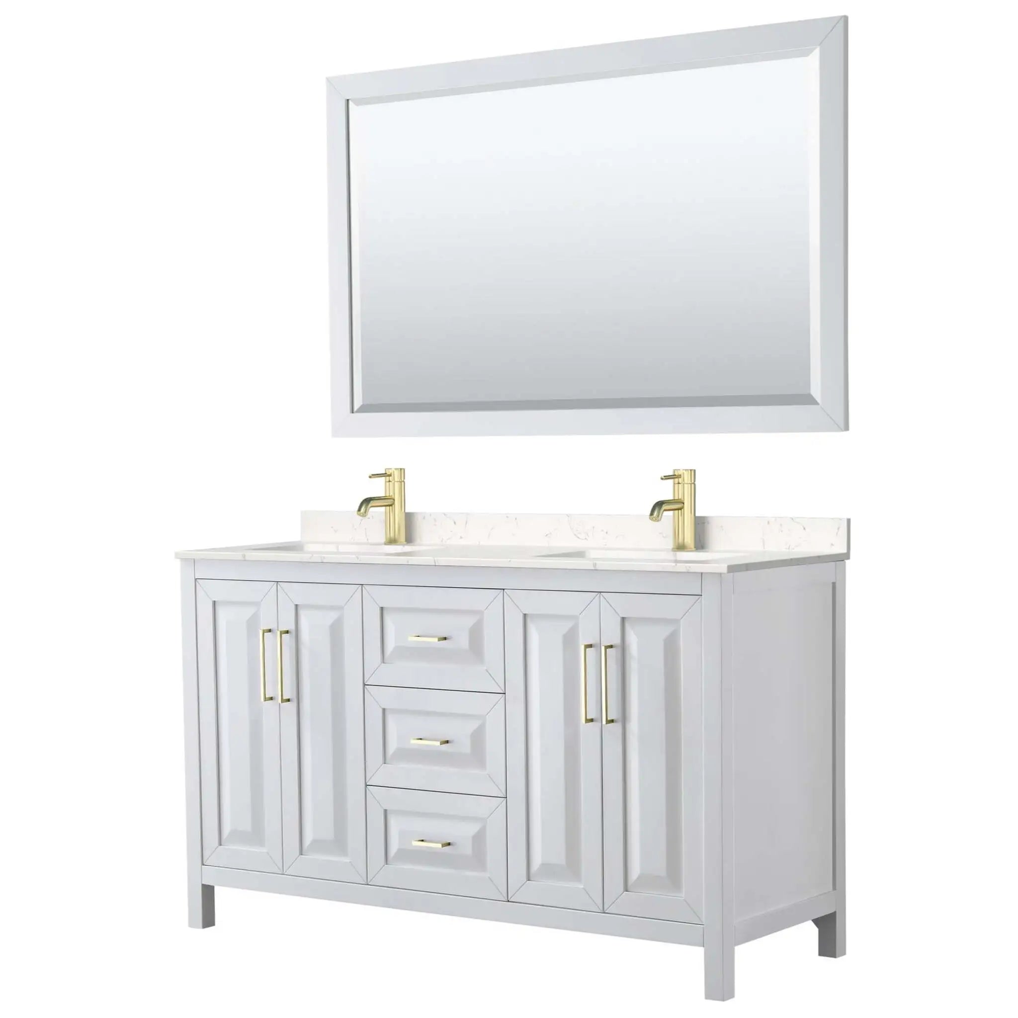 60" Daria Double Bathroom Vanity in White with Brushed Gold Trim & 58" Mirror by Wyndham