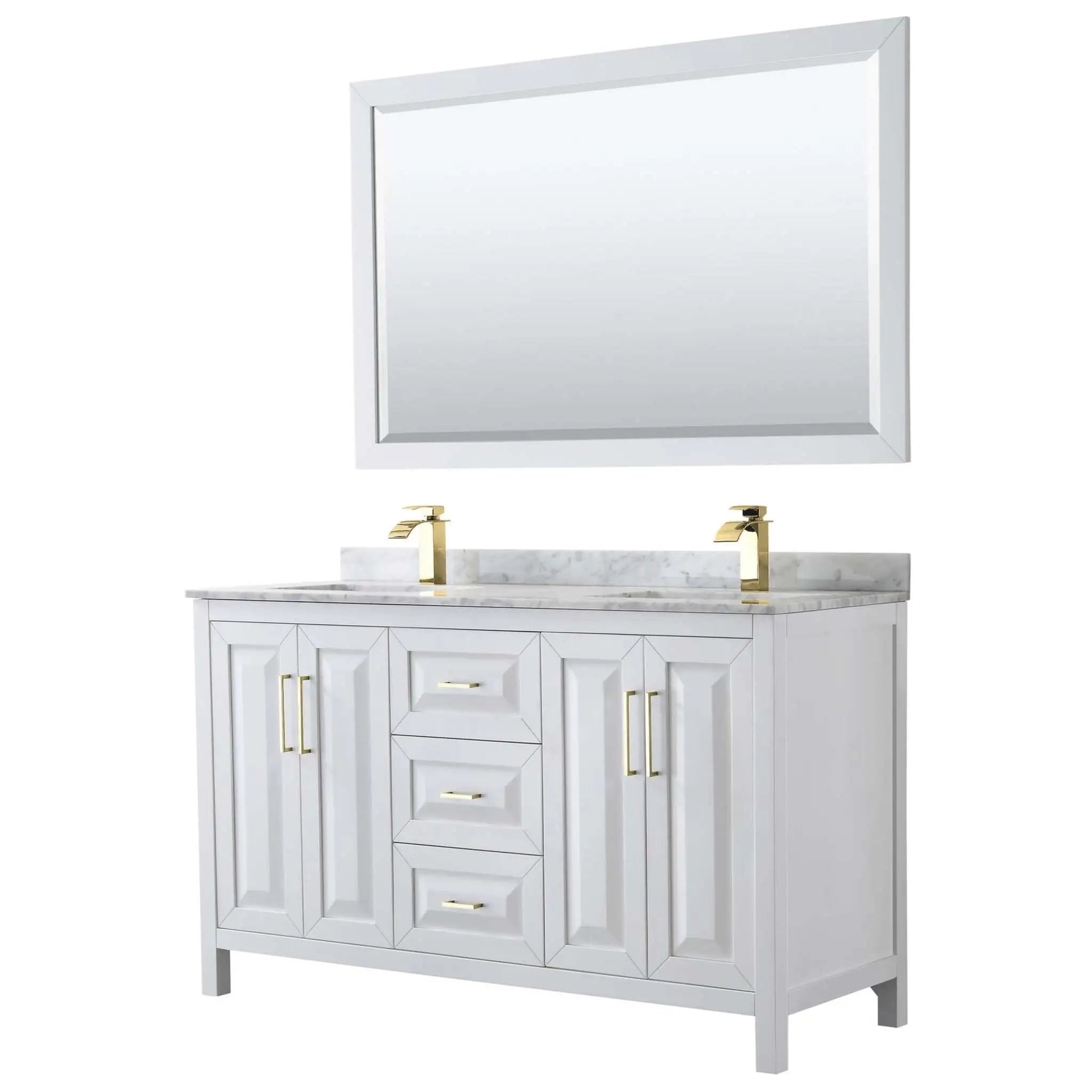 60" Daria Double Bathroom Vanity in White with Brushed Gold Trim & 58" Mirror by Wyndham