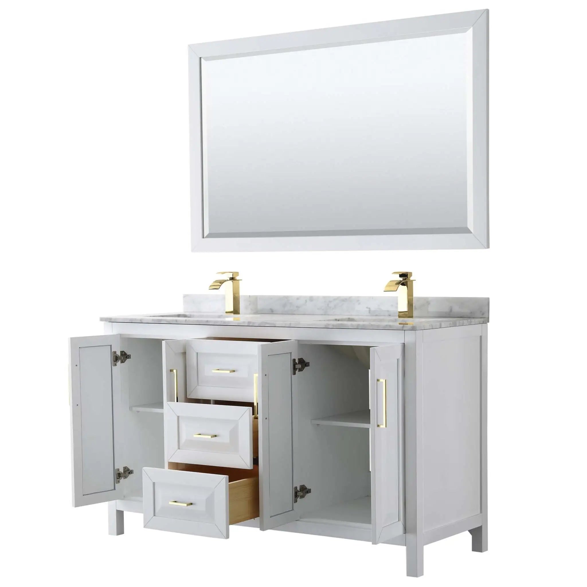 60" Daria Double Bathroom Vanity in White with Brushed Gold Trim & 58" Mirror by Wyndham