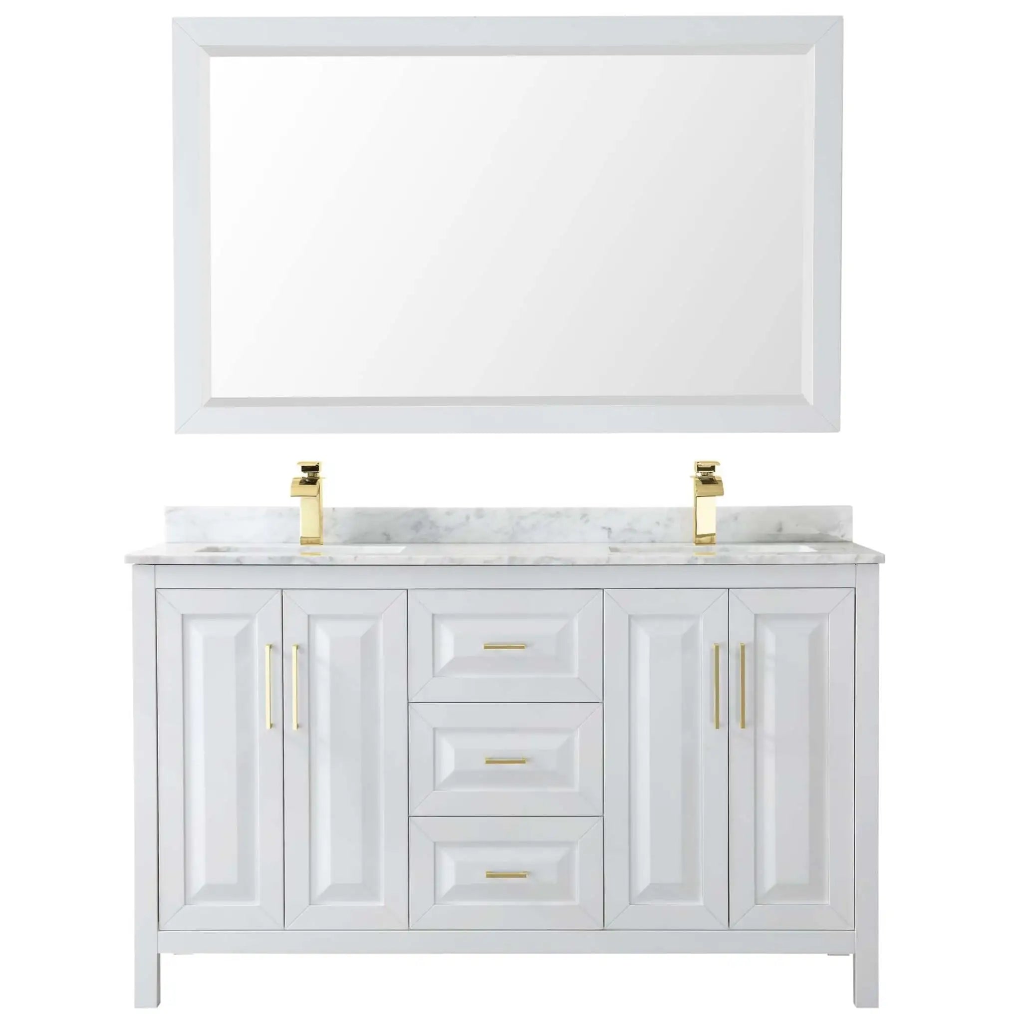 60" Daria Double Bathroom Vanity in White with Brushed Gold Trim & 58" Mirror by Wyndham