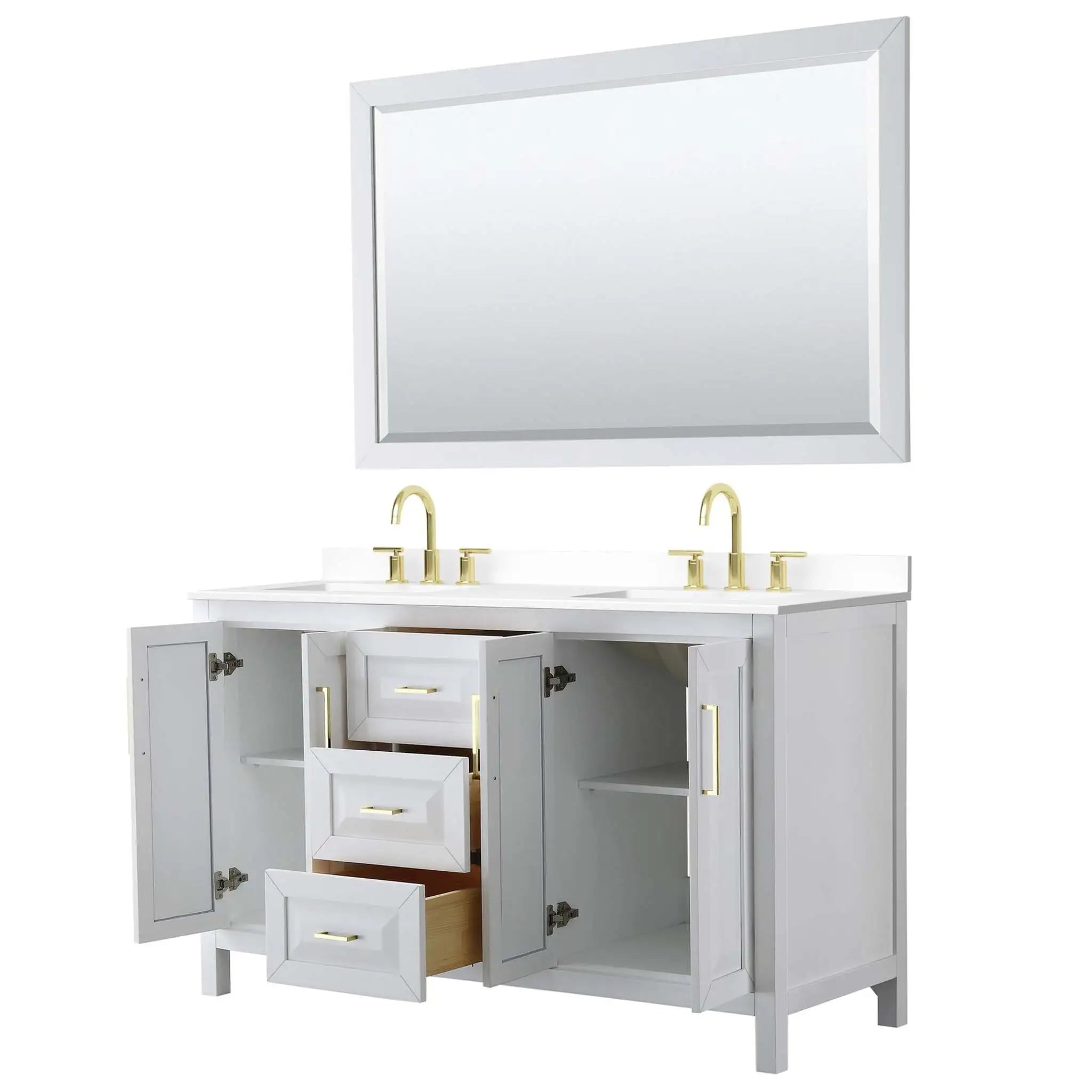 60" Daria Double Bathroom Vanity in White with Brushed Gold Trim & 58" Mirror by Wyndham