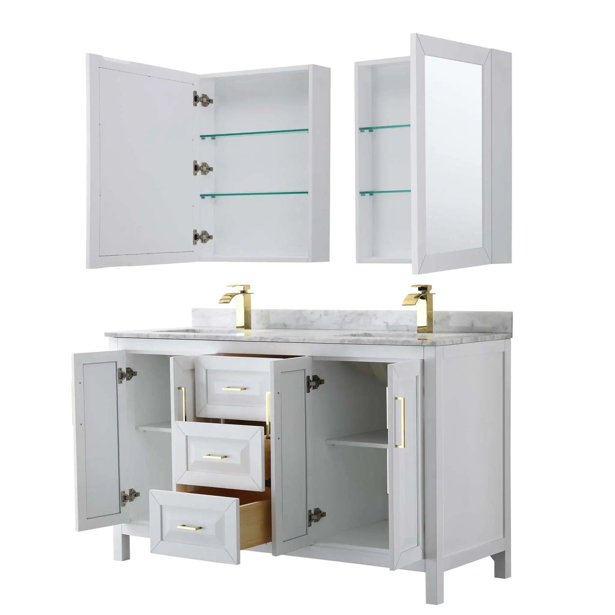 60" Daria Double Bathroom Vanity in White with Brushed Gold Trim & Medicine Cabinet by Wyndham