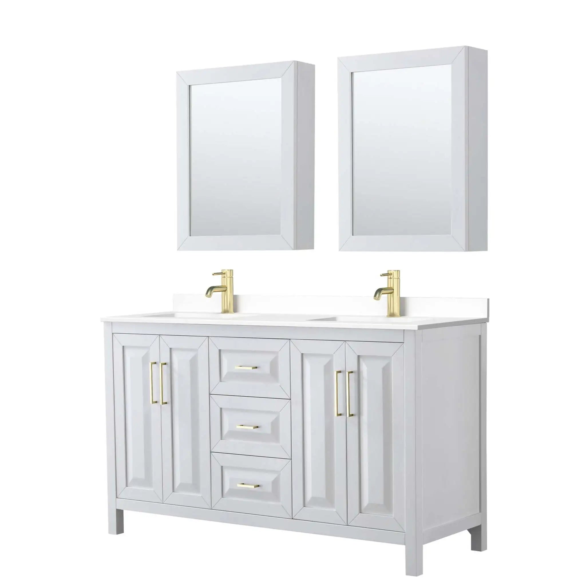60" Daria Double Bathroom Vanity in White with Brushed Gold Trim & Medicine Cabinet by Wyndham
