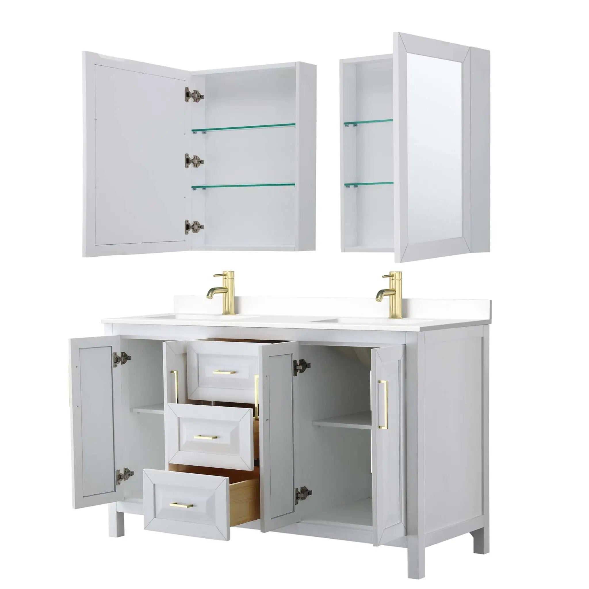 60" Daria Double Bathroom Vanity in White with Brushed Gold Trim & Medicine Cabinet by Wyndham
