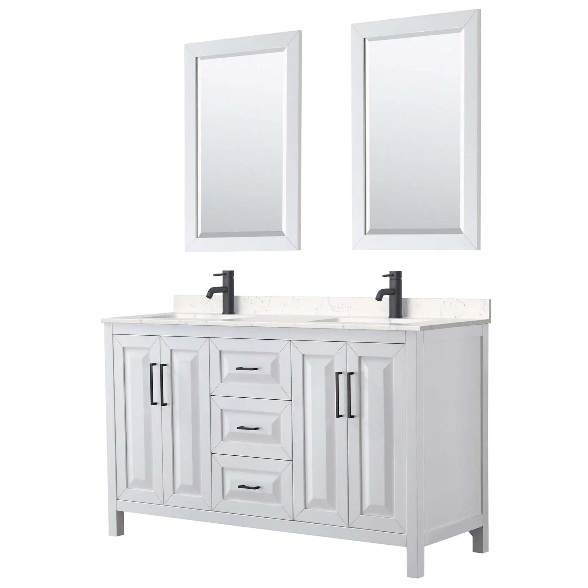 60" Daria Double Bathroom Vanity in White with Matte Black Trim & 24" Mirror by Wyndham